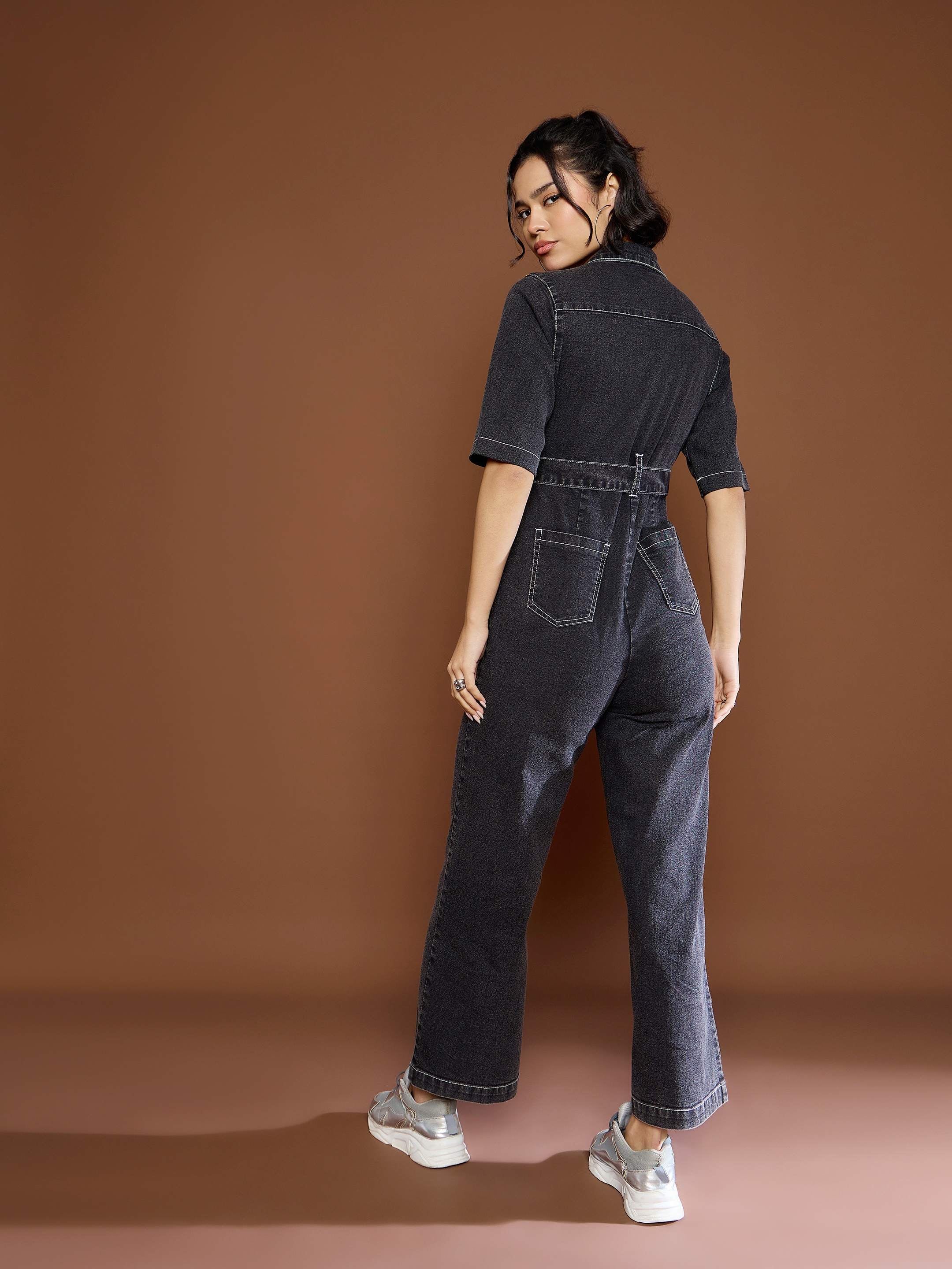 Women's Black Washed Denim Short Sleeve Jumpsuit-SASSAFRAS