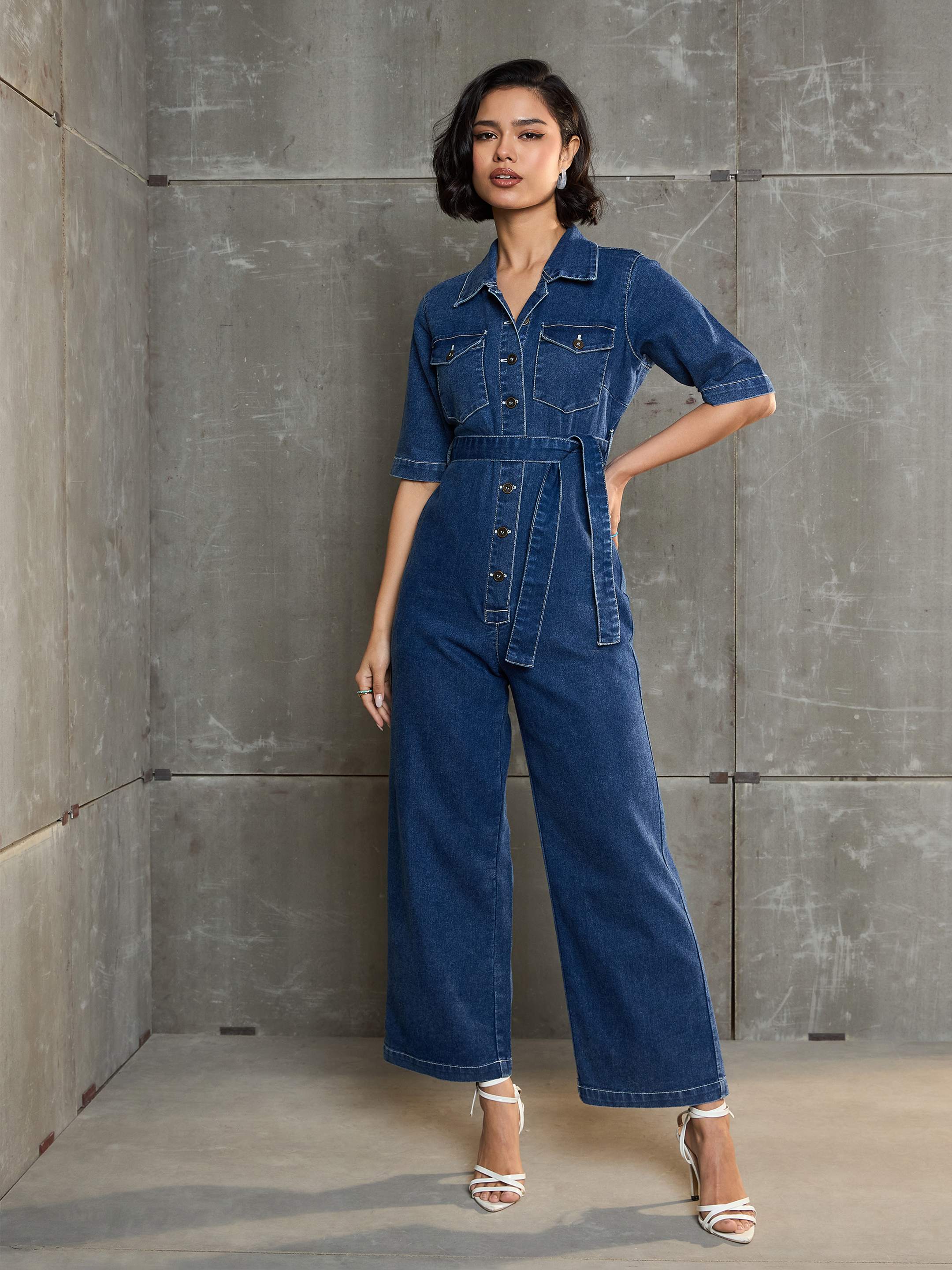 Women's Blue Washed Denim Short Sleeve Jumpsuit-SASSAFRAS