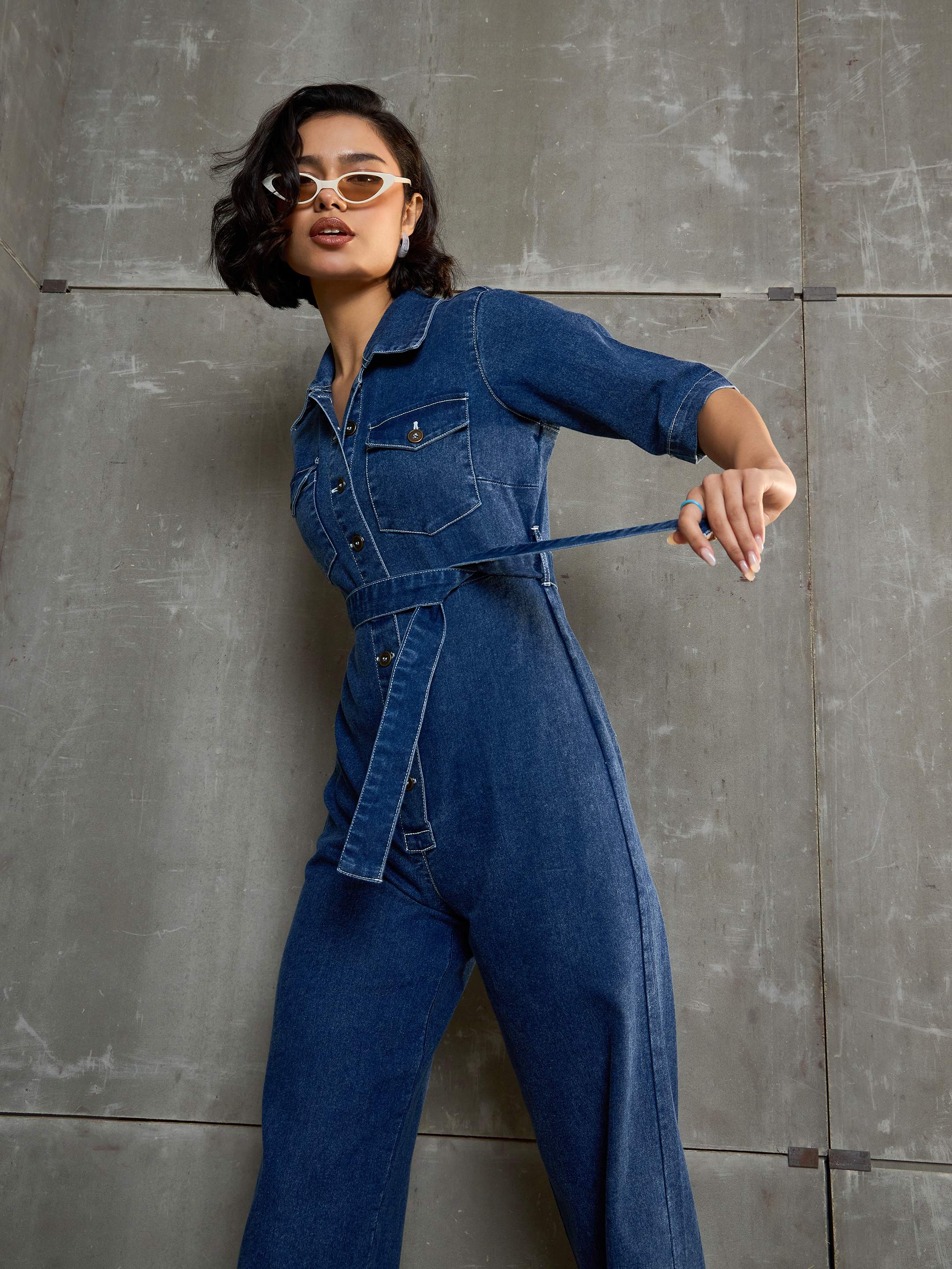 Women's Blue Washed Denim Short Sleeve Jumpsuit-SASSAFRAS