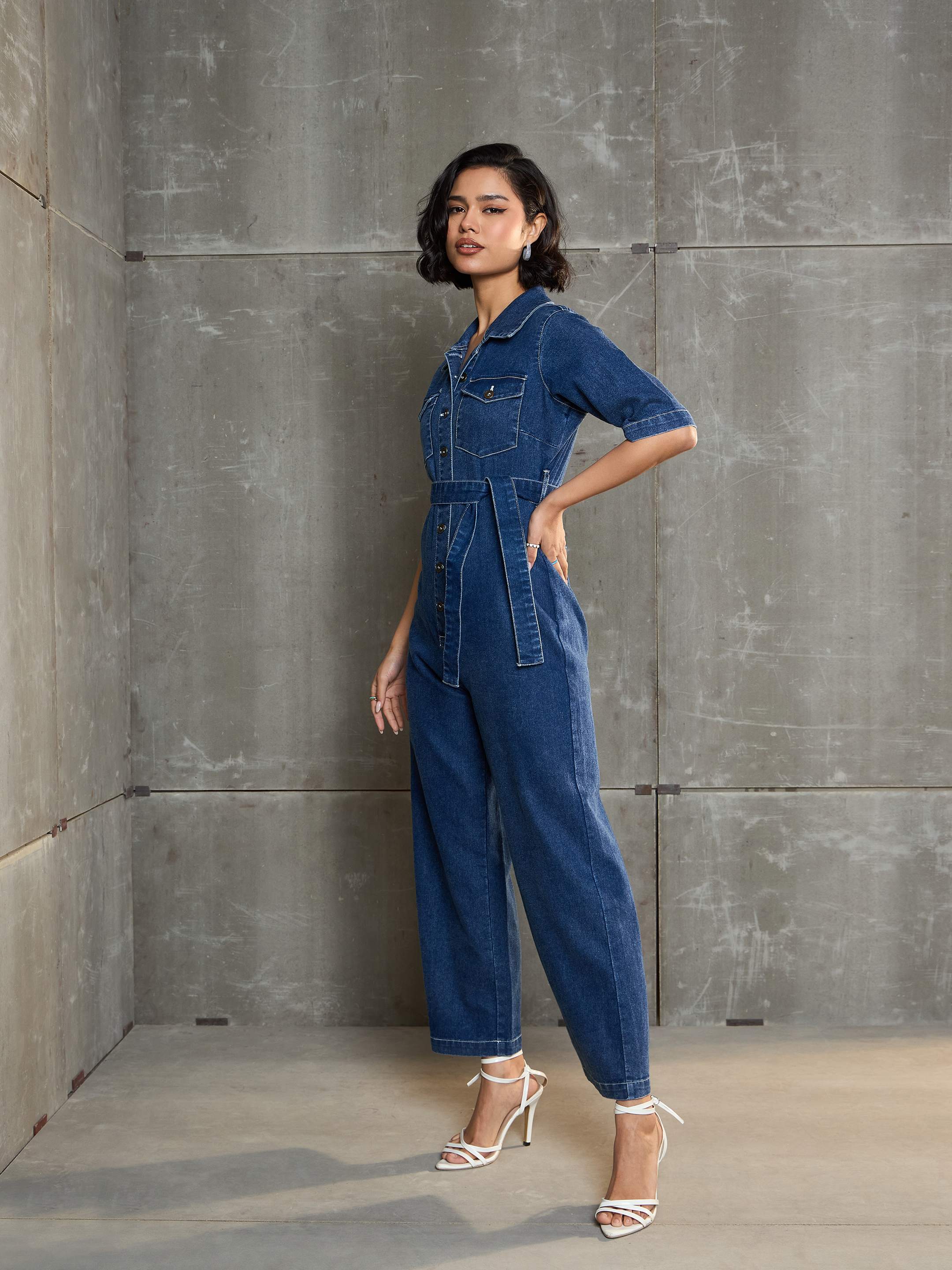 Women's Blue Washed Denim Short Sleeve Jumpsuit-SASSAFRAS