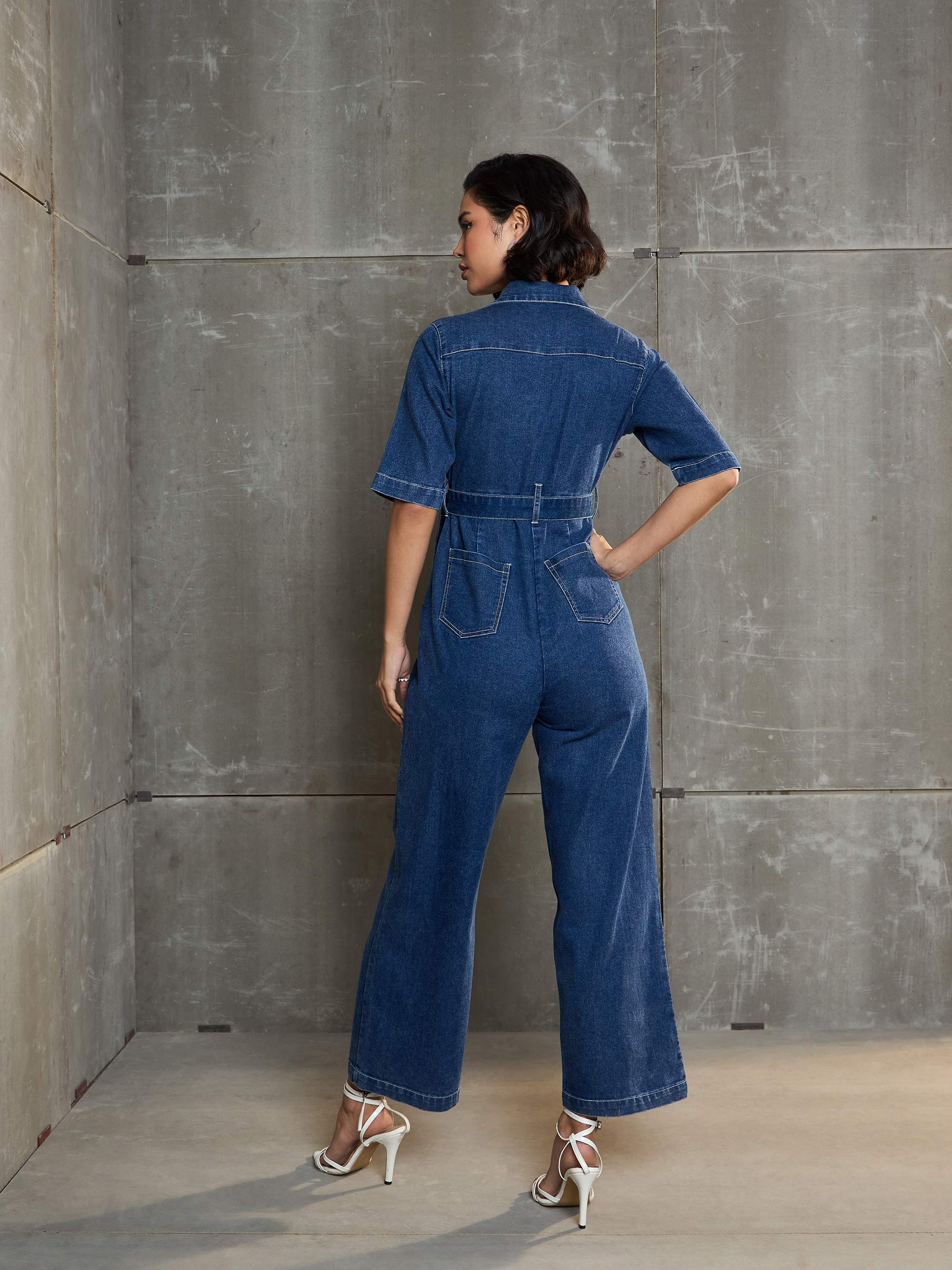 Women's Blue Washed Denim Short Sleeve Jumpsuit-SASSAFRAS