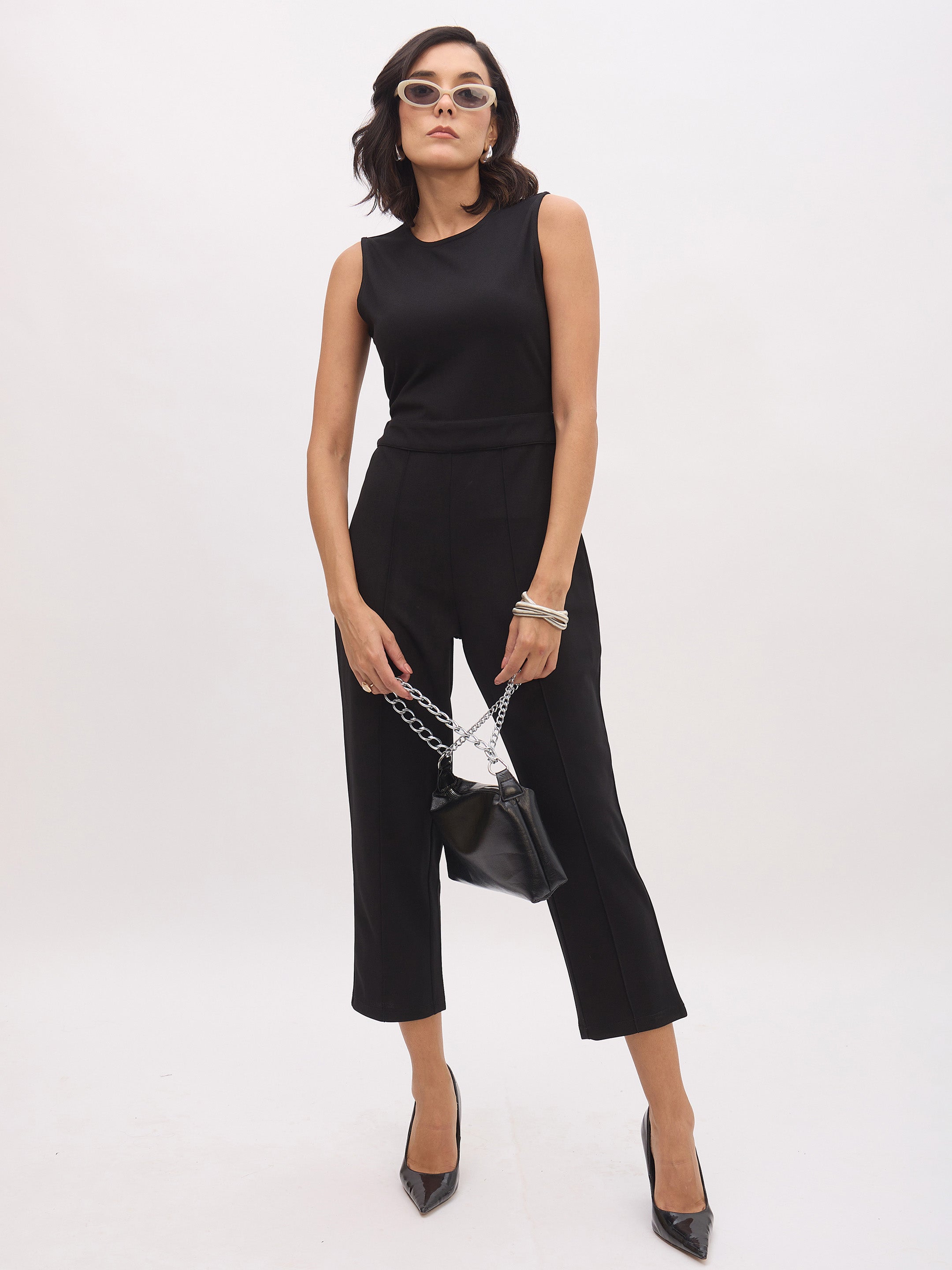 Women's Black Sleeveless Round Neck Jumpsuit