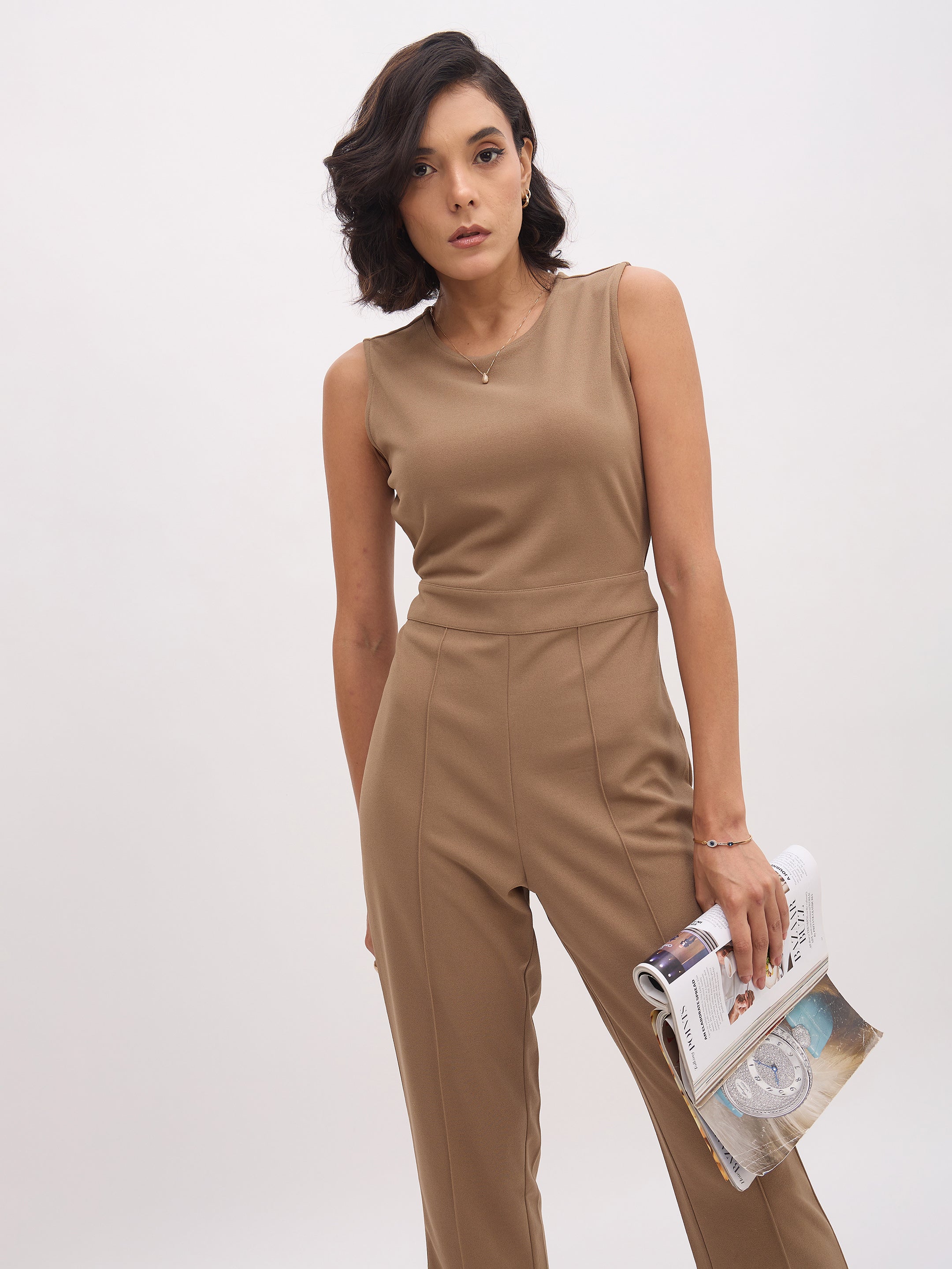 Women's Dark Beige Sleeveless Round Neck Jumpsuit
