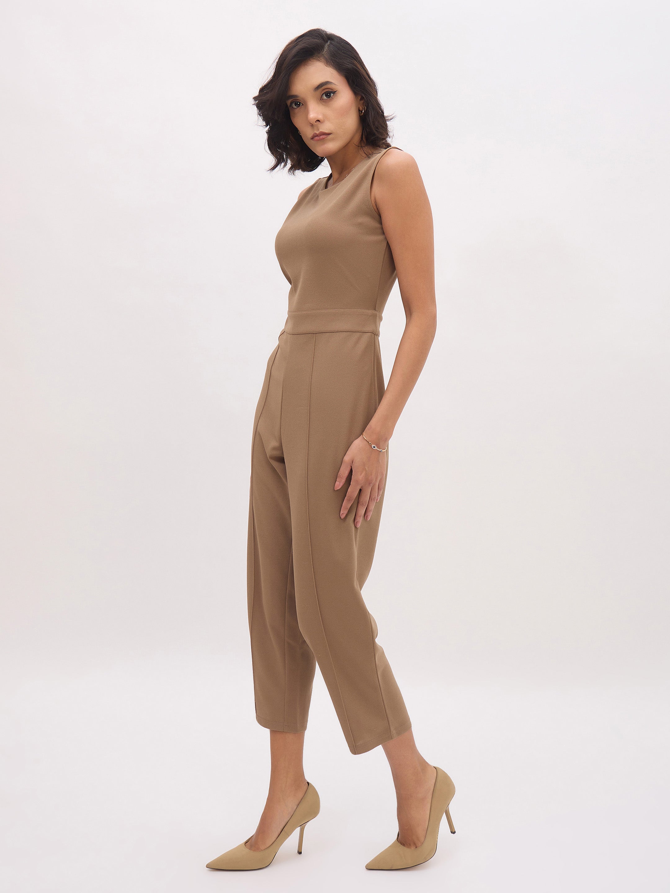 Women's Dark Beige Sleeveless Round Neck Jumpsuit