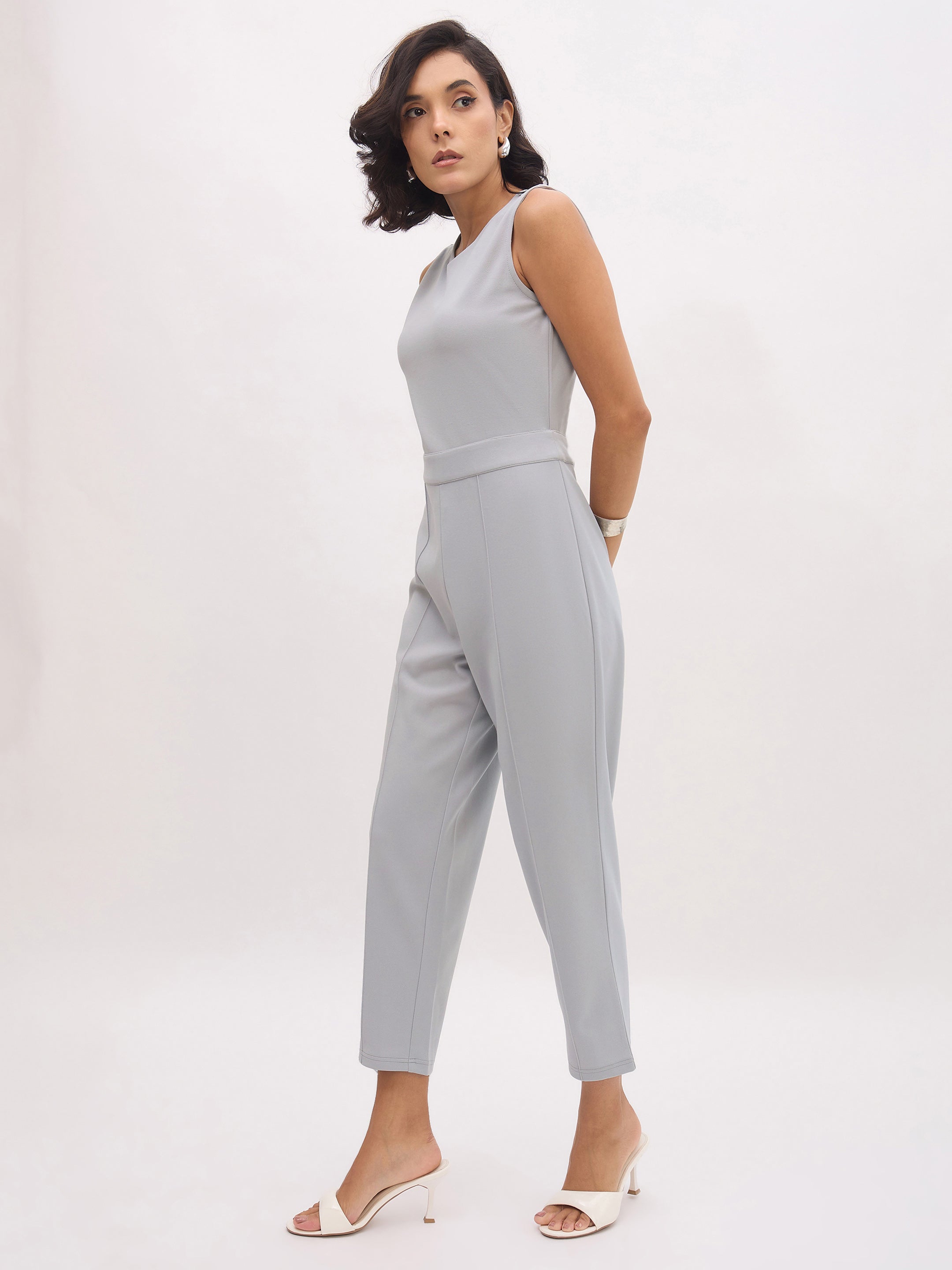 Women's Grey Sleeveless Round Neck Jumpsuit