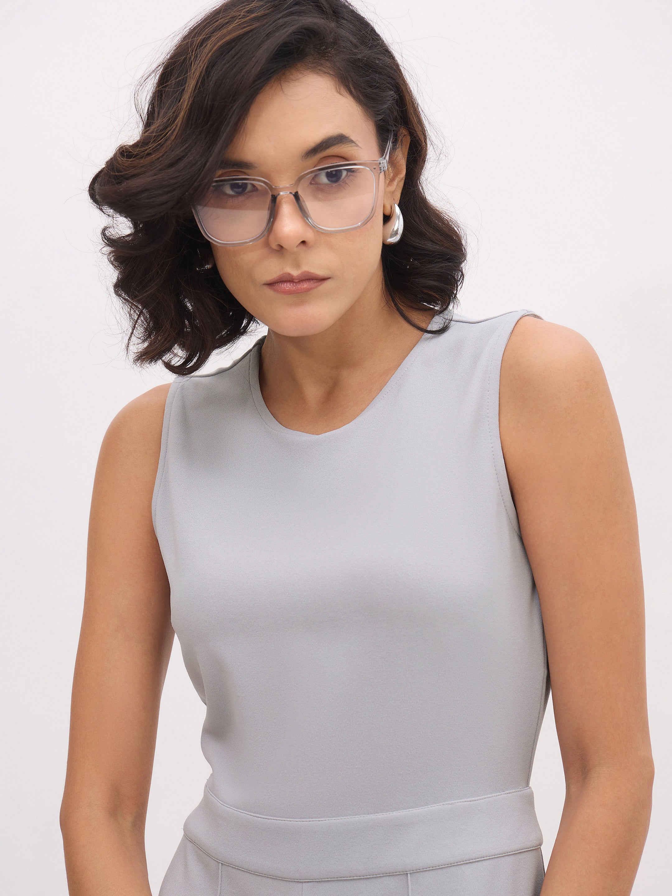 Women's Grey Sleeveless Round Neck Jumpsuit