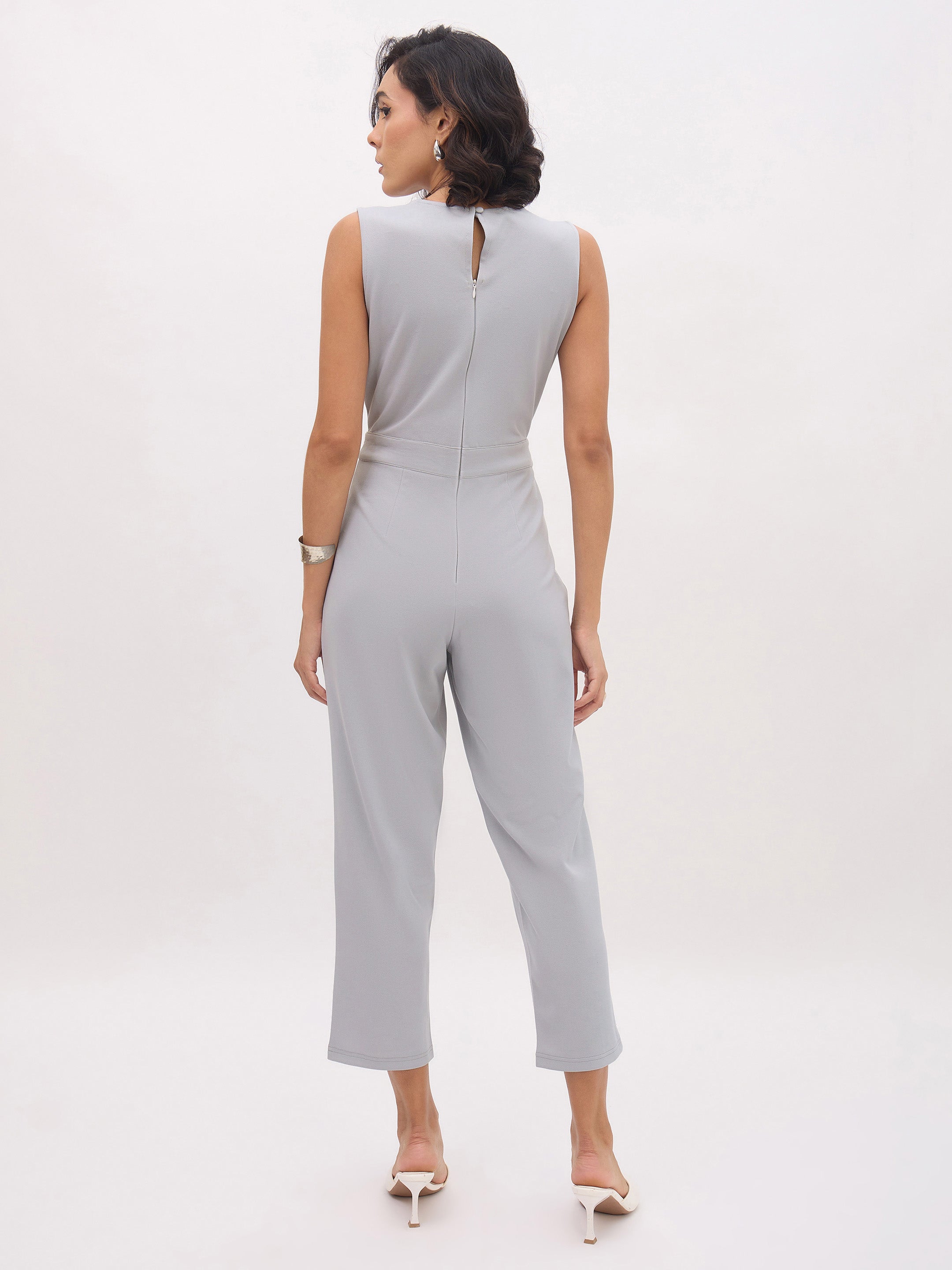 Women's Grey Sleeveless Round Neck Jumpsuit