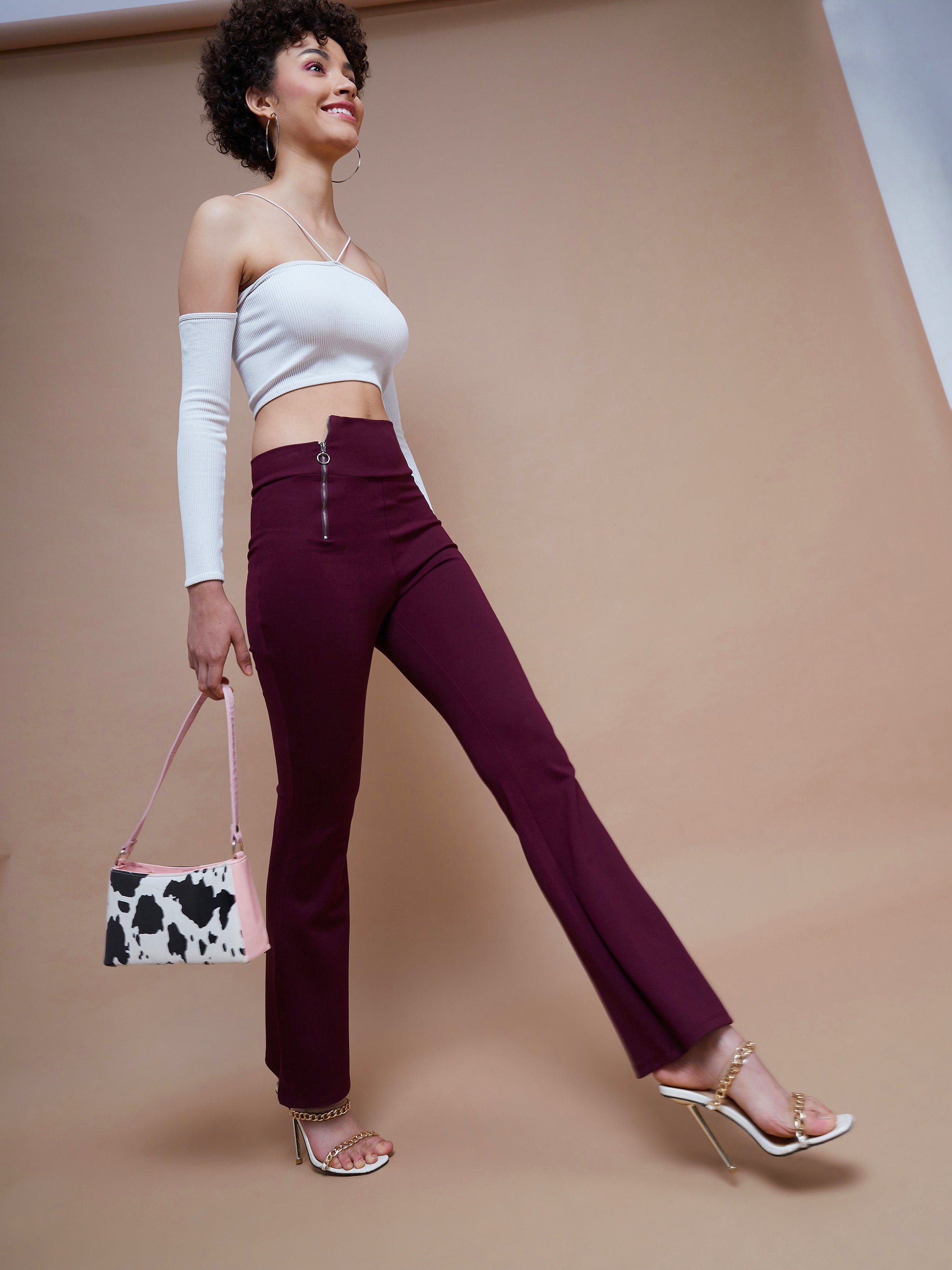 Women's Burgundy Side Zipper Bell Bottom Pants