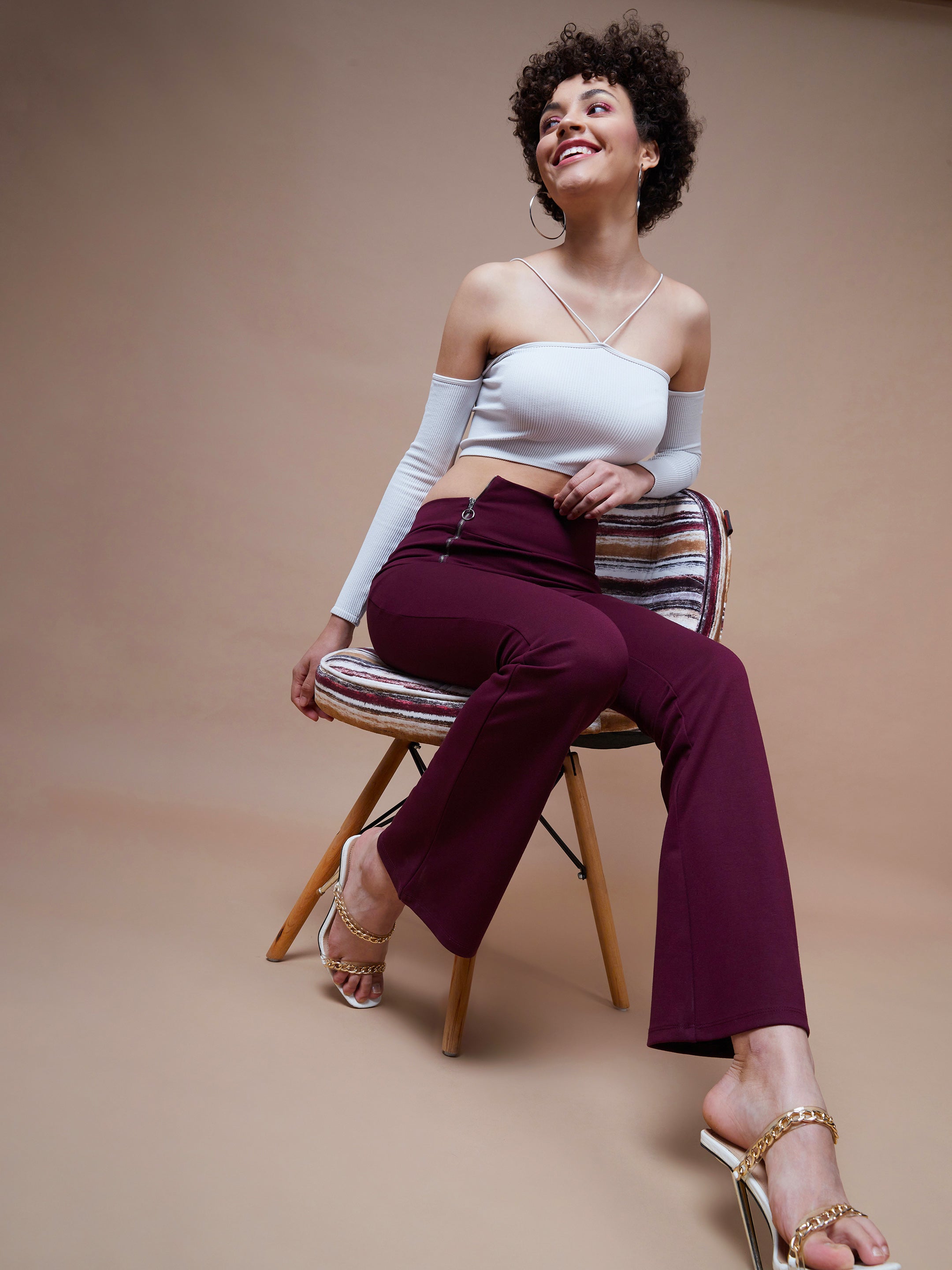 Women's Burgundy Side Zipper Bell Bottom Pants