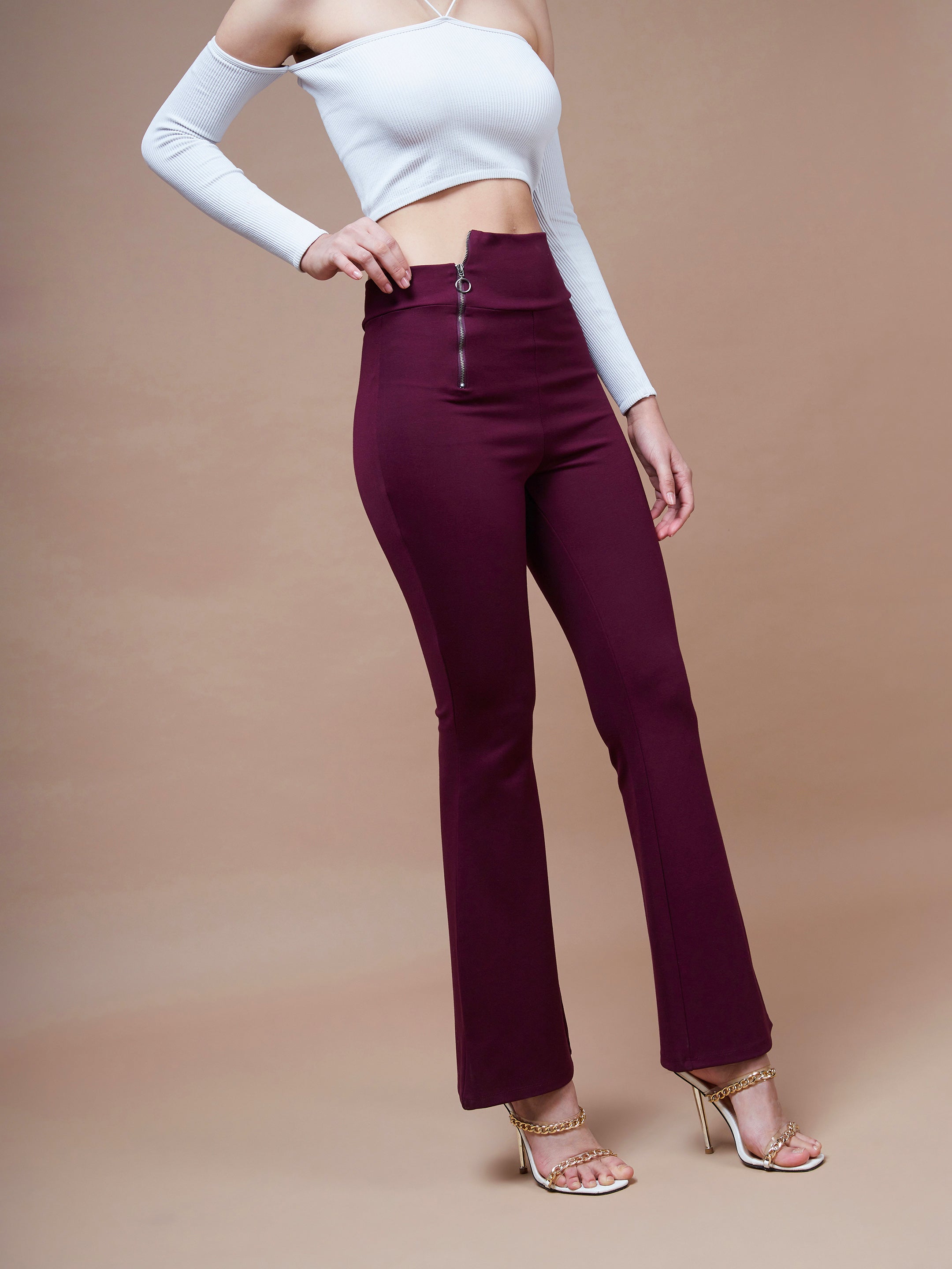 Women's Burgundy Side Zipper Bell Bottom Pants