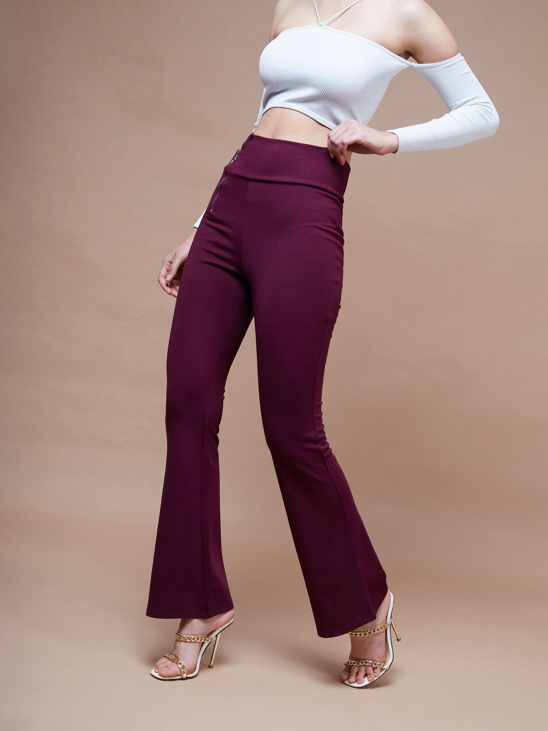 Women's Burgundy Side Zipper Bell Bottom Pants
