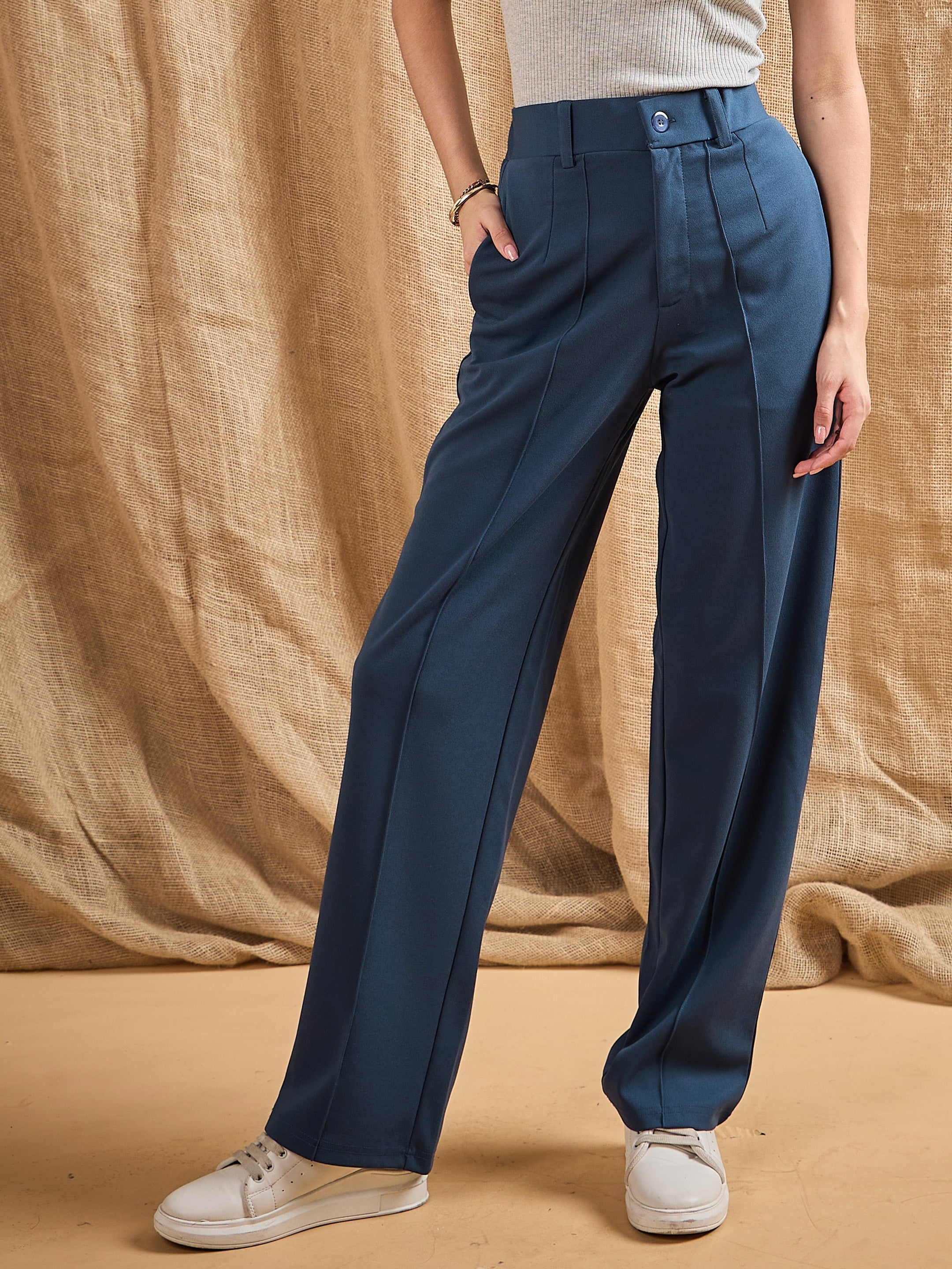 Women's Blue Solid Pant - Sassafras