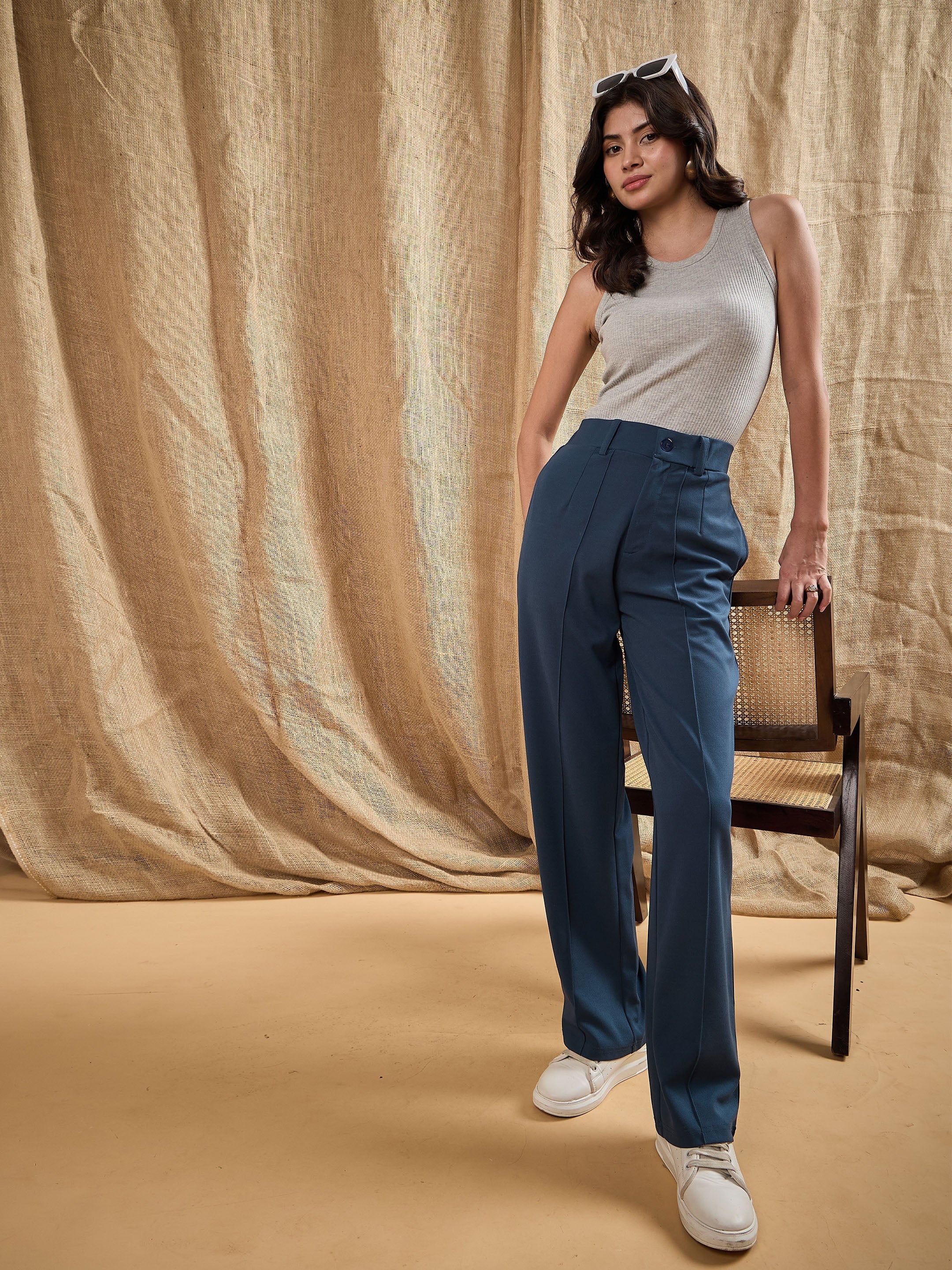 Women's Blue Solid Pant - Sassafras