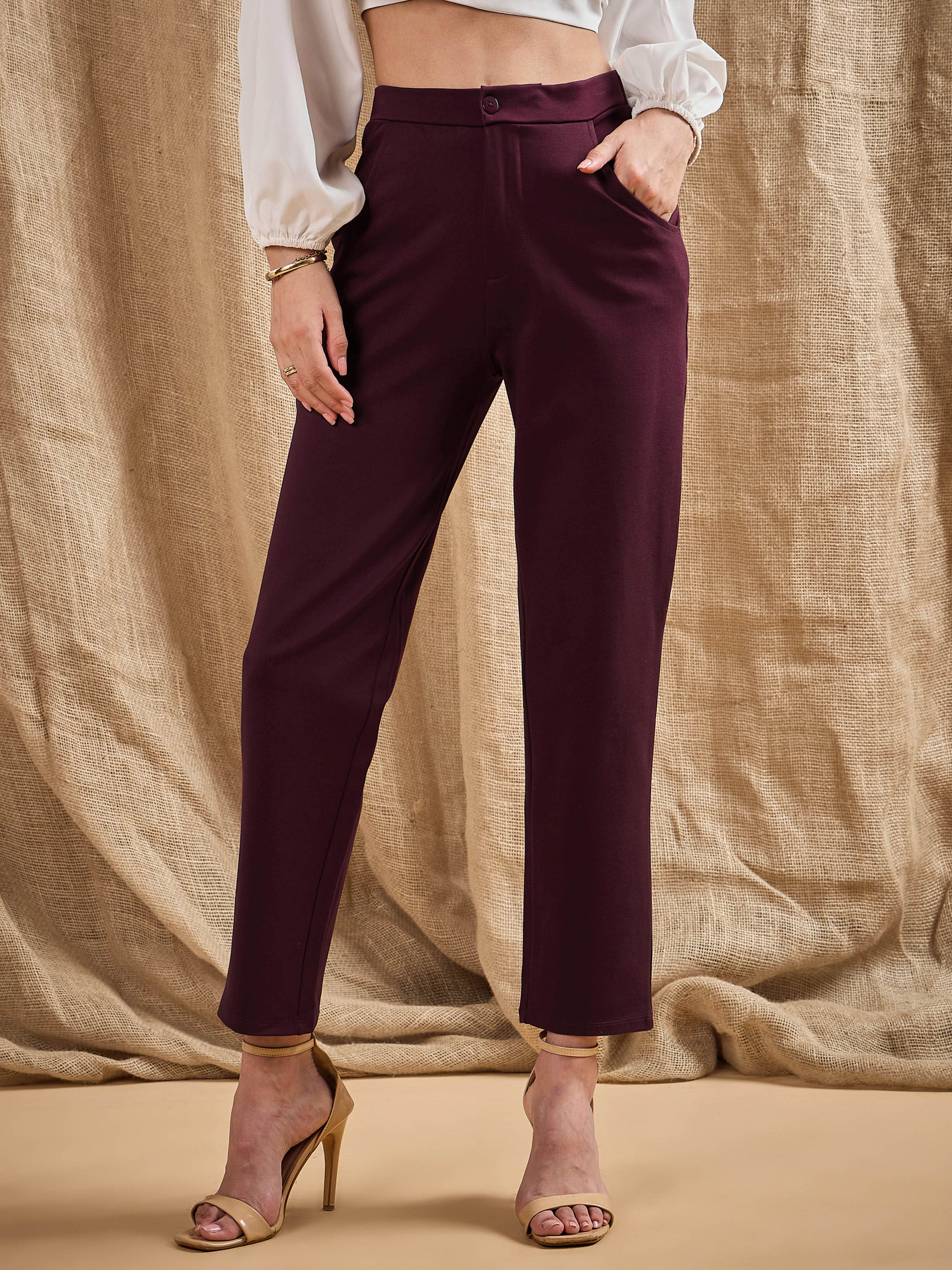 Women's Burgundy Solid Pant - Sassafras