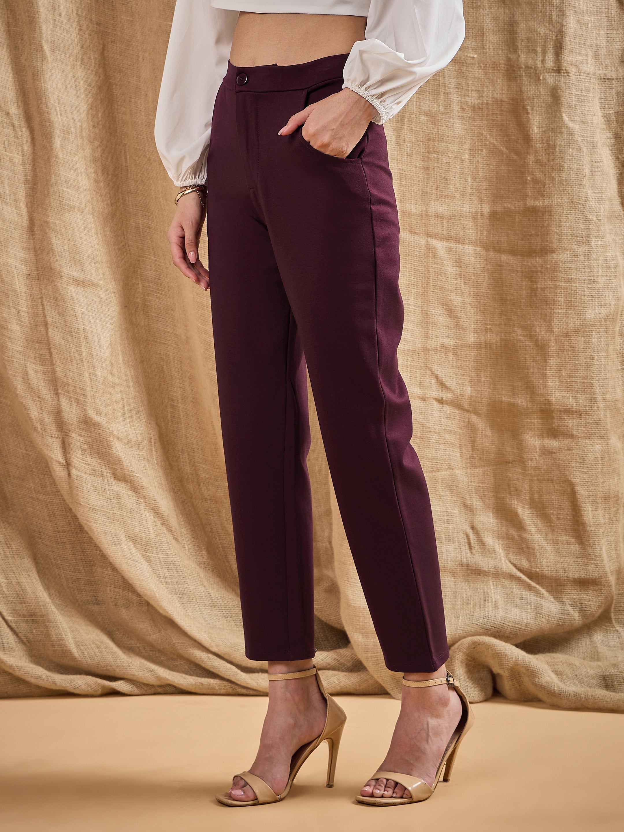 Women's Burgundy Solid Pant - Sassafras