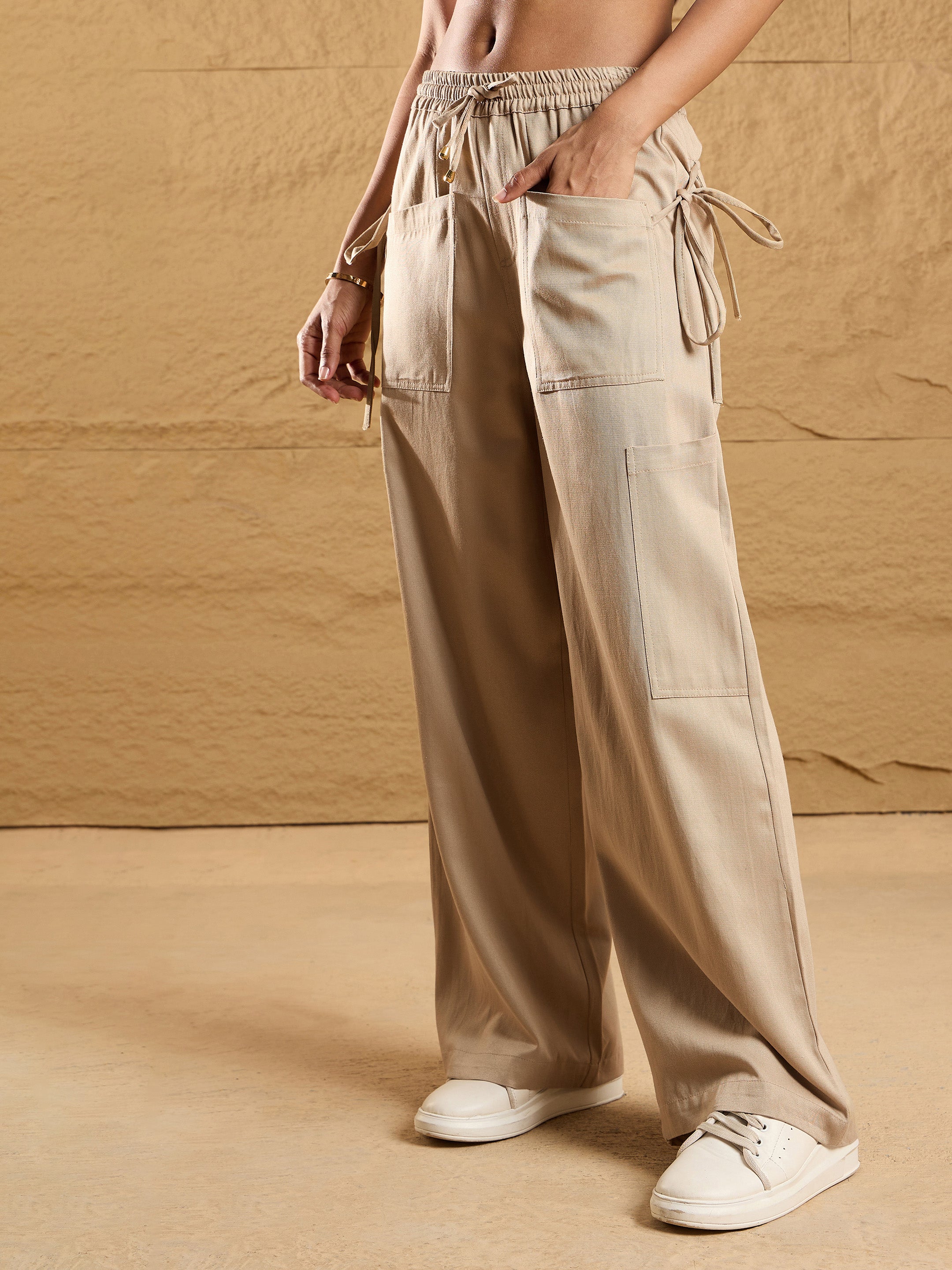 Women's Beige Solid Pant - Sassafras