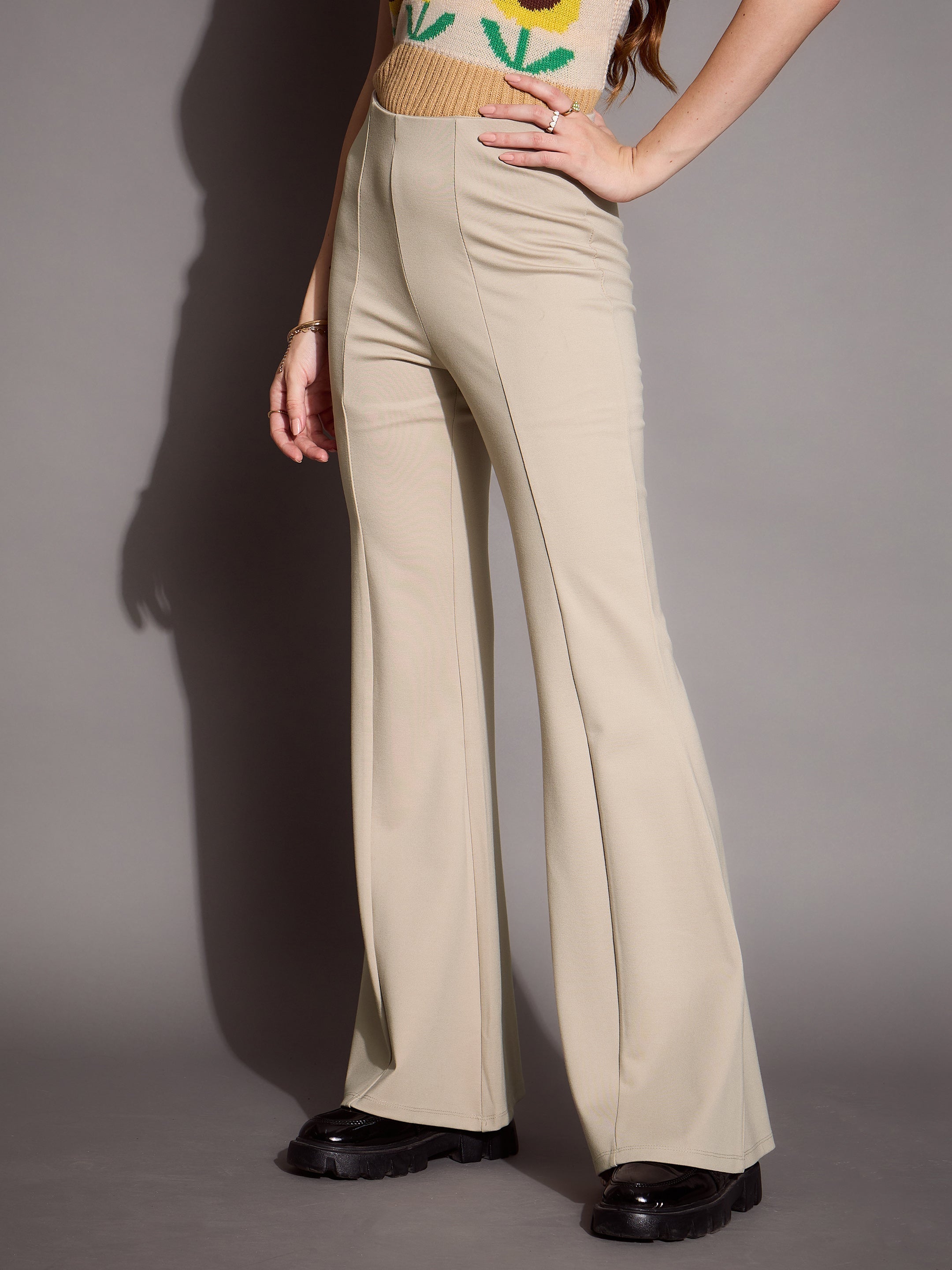 Women's Beige Solid Pant - Sassafras