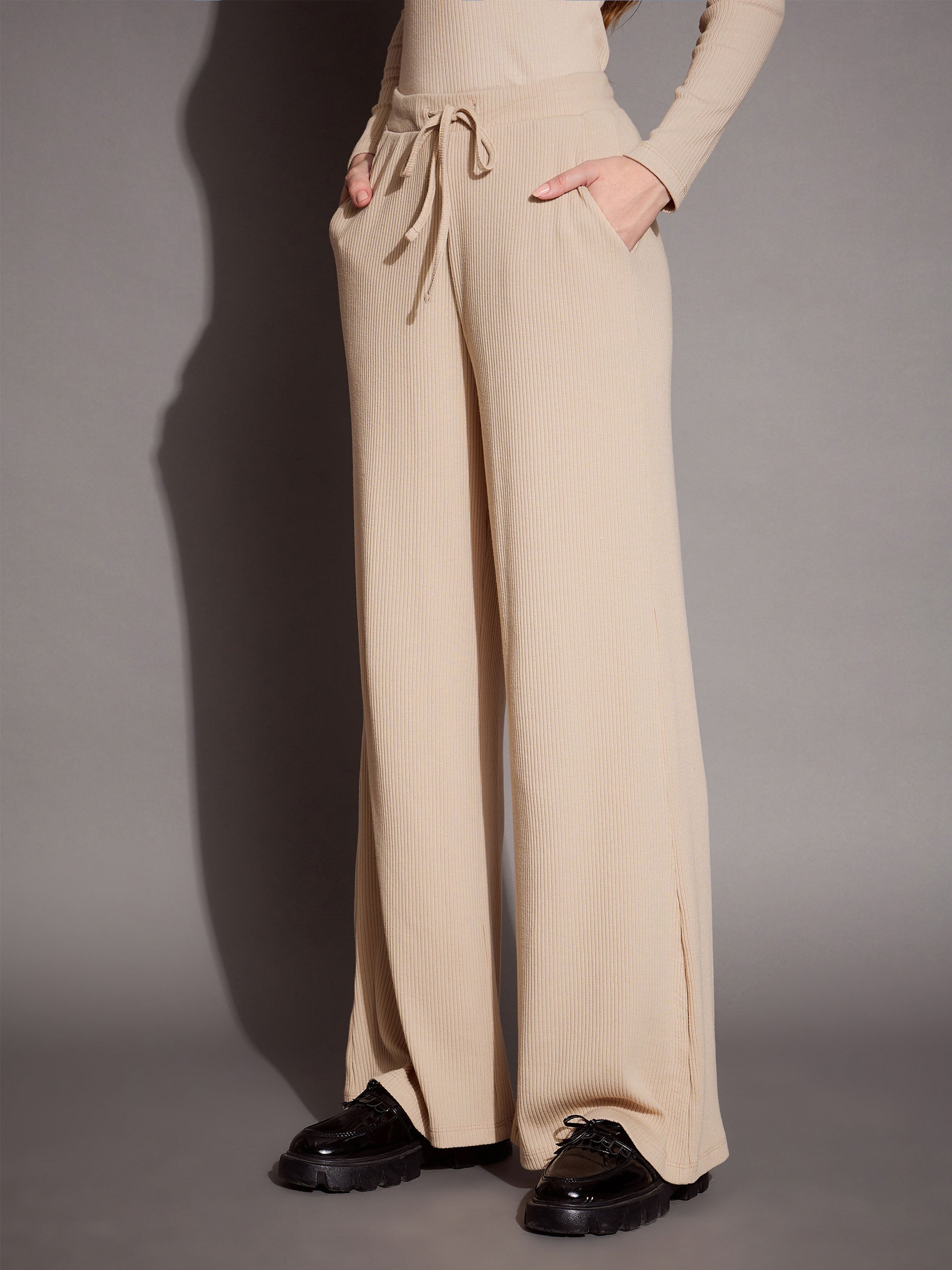 Women's Beige Rib Track Pant - Sassafras