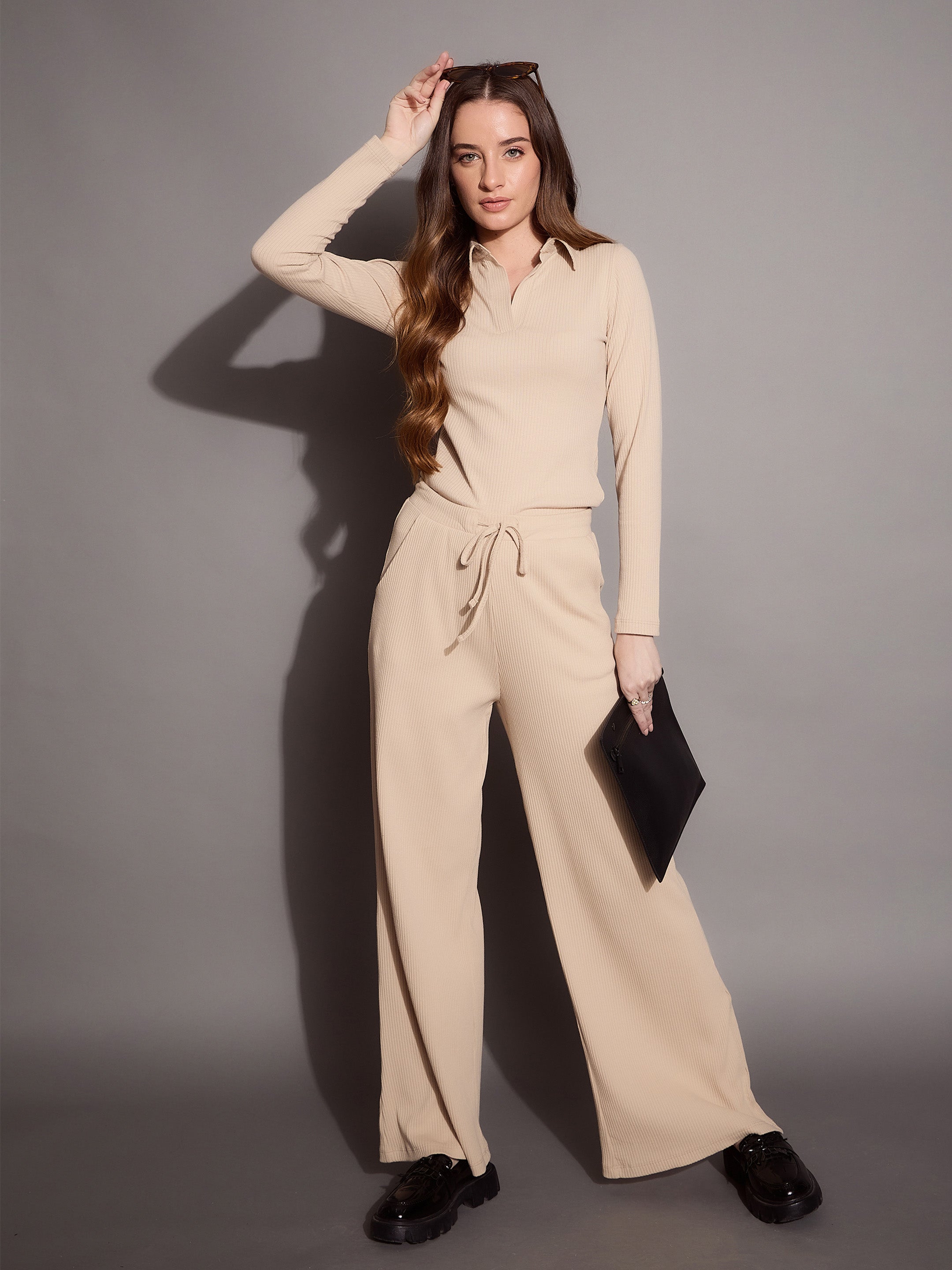 Women's Beige Rib Track Pant - Sassafras