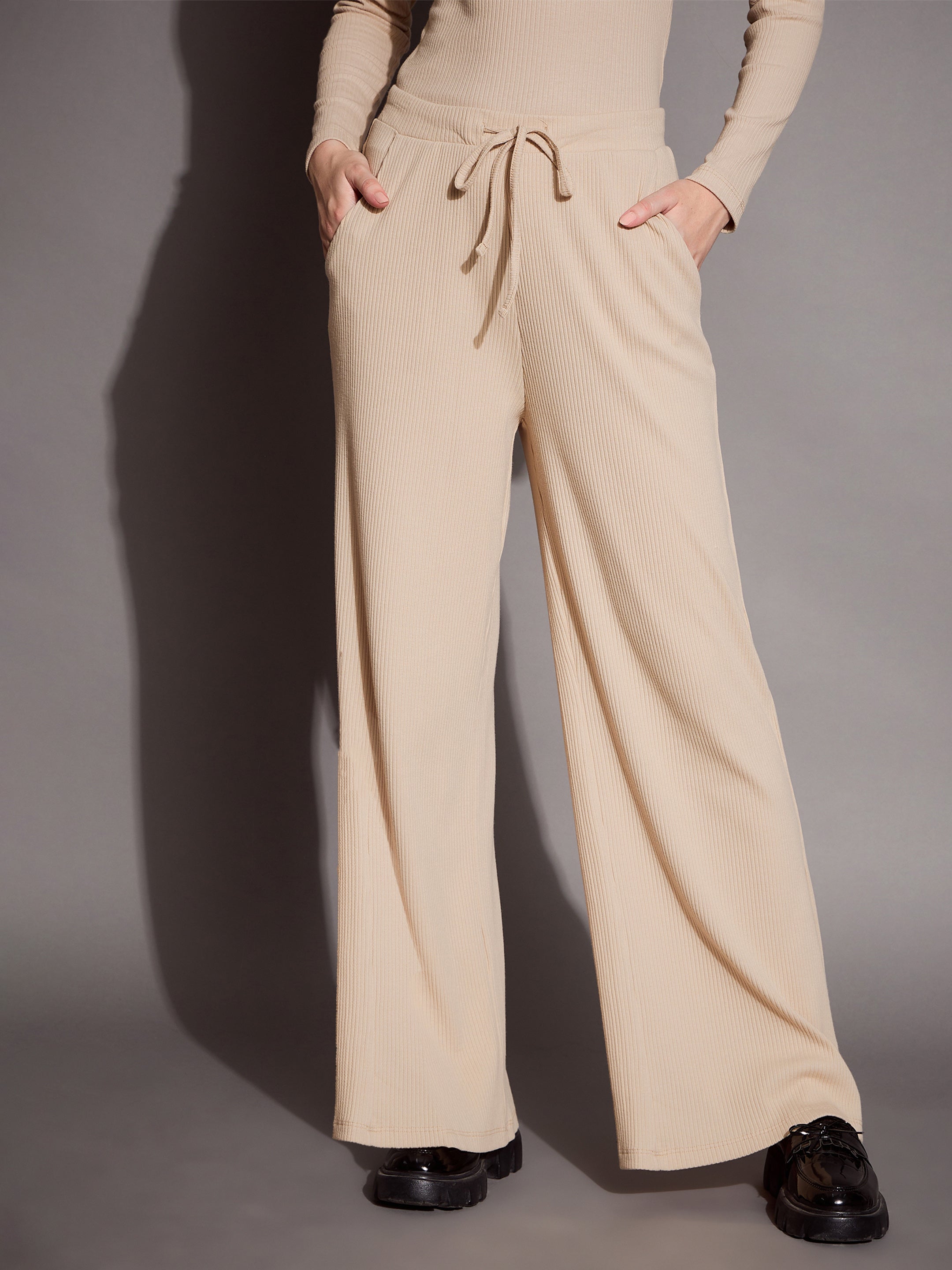 Women's Beige Rib Track Pant - Sassafras