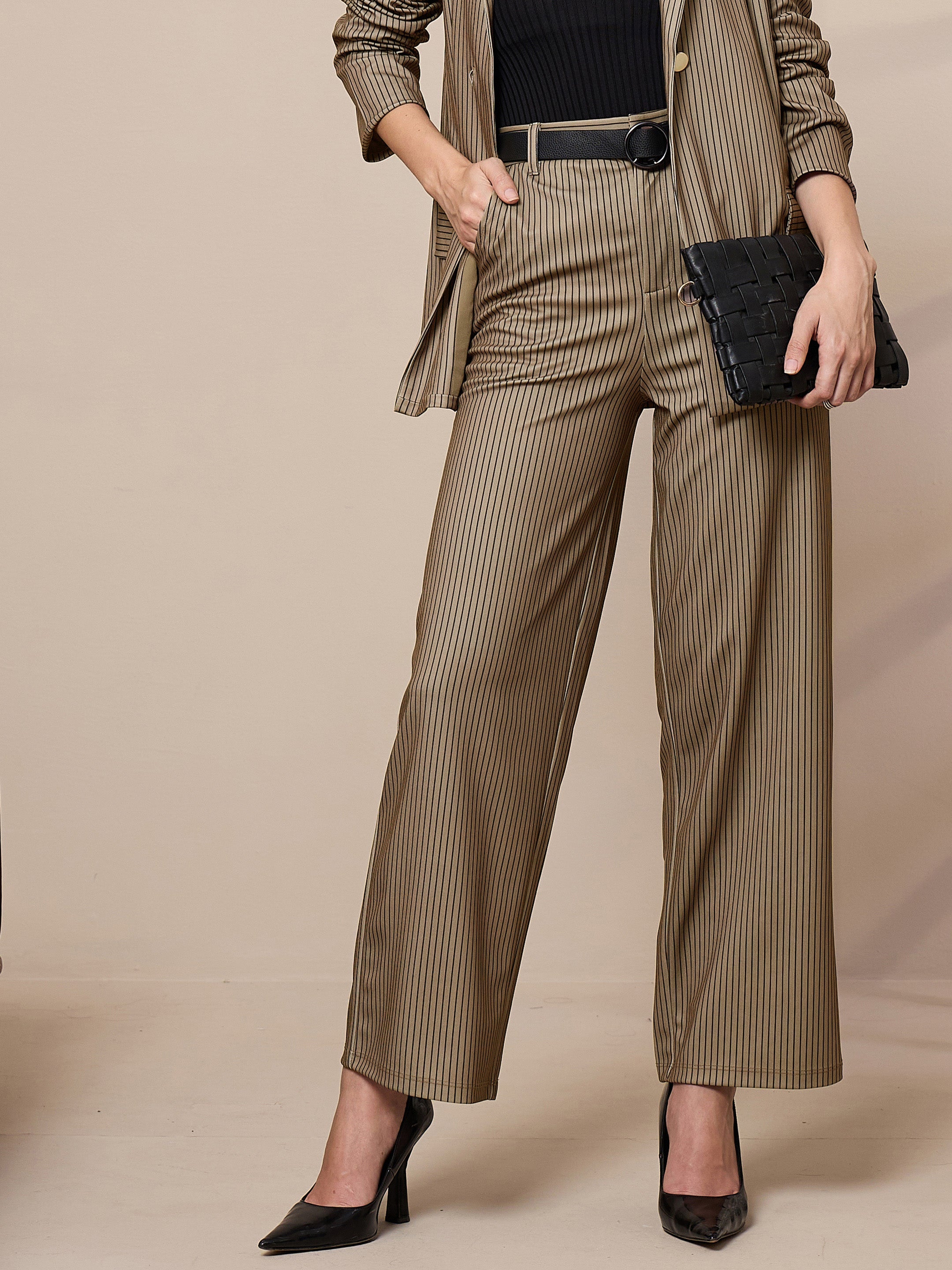 Women's Beige Striped Pant - Sassafras