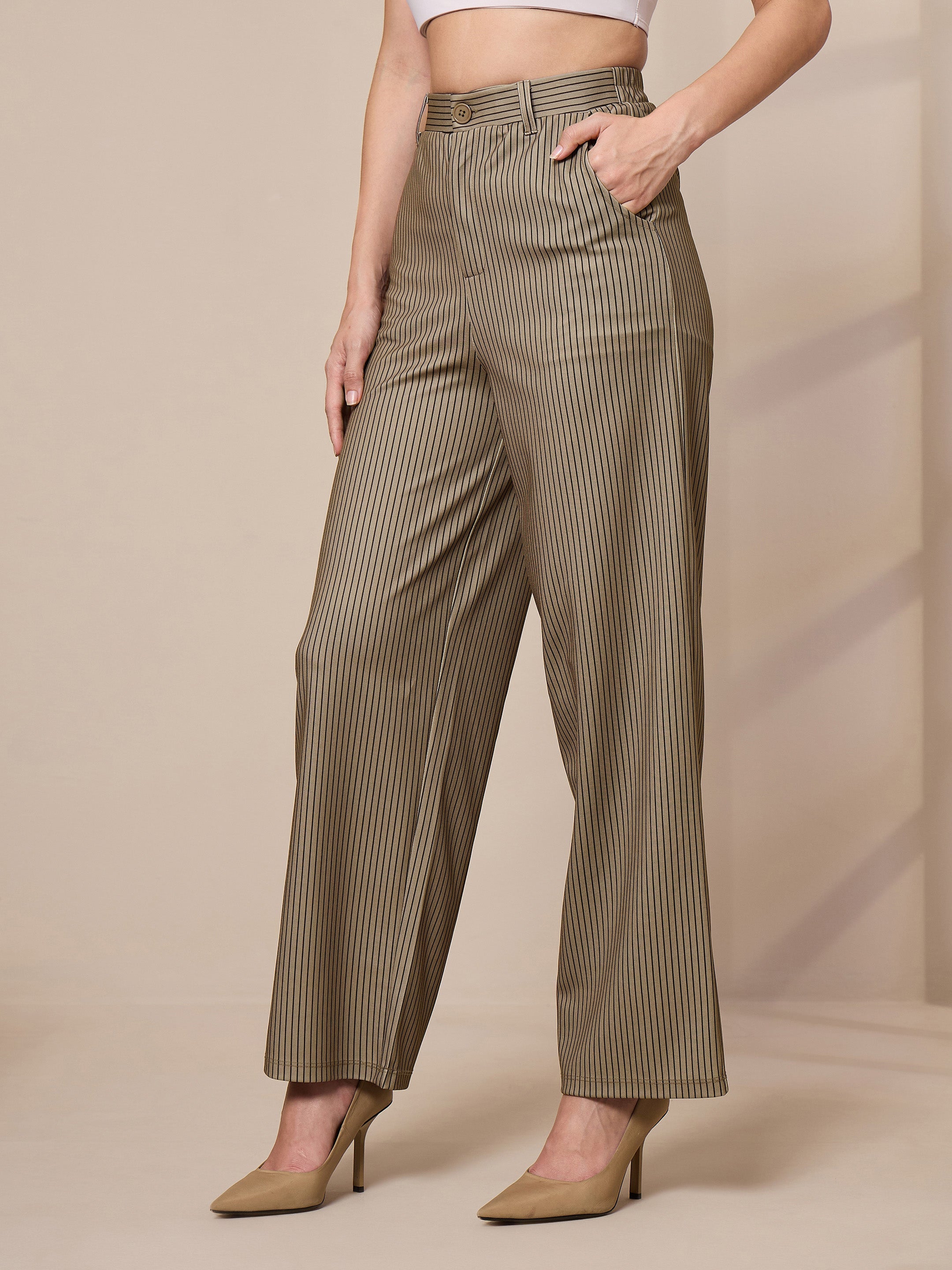 Women's Beige Striped Pant - Sassafras