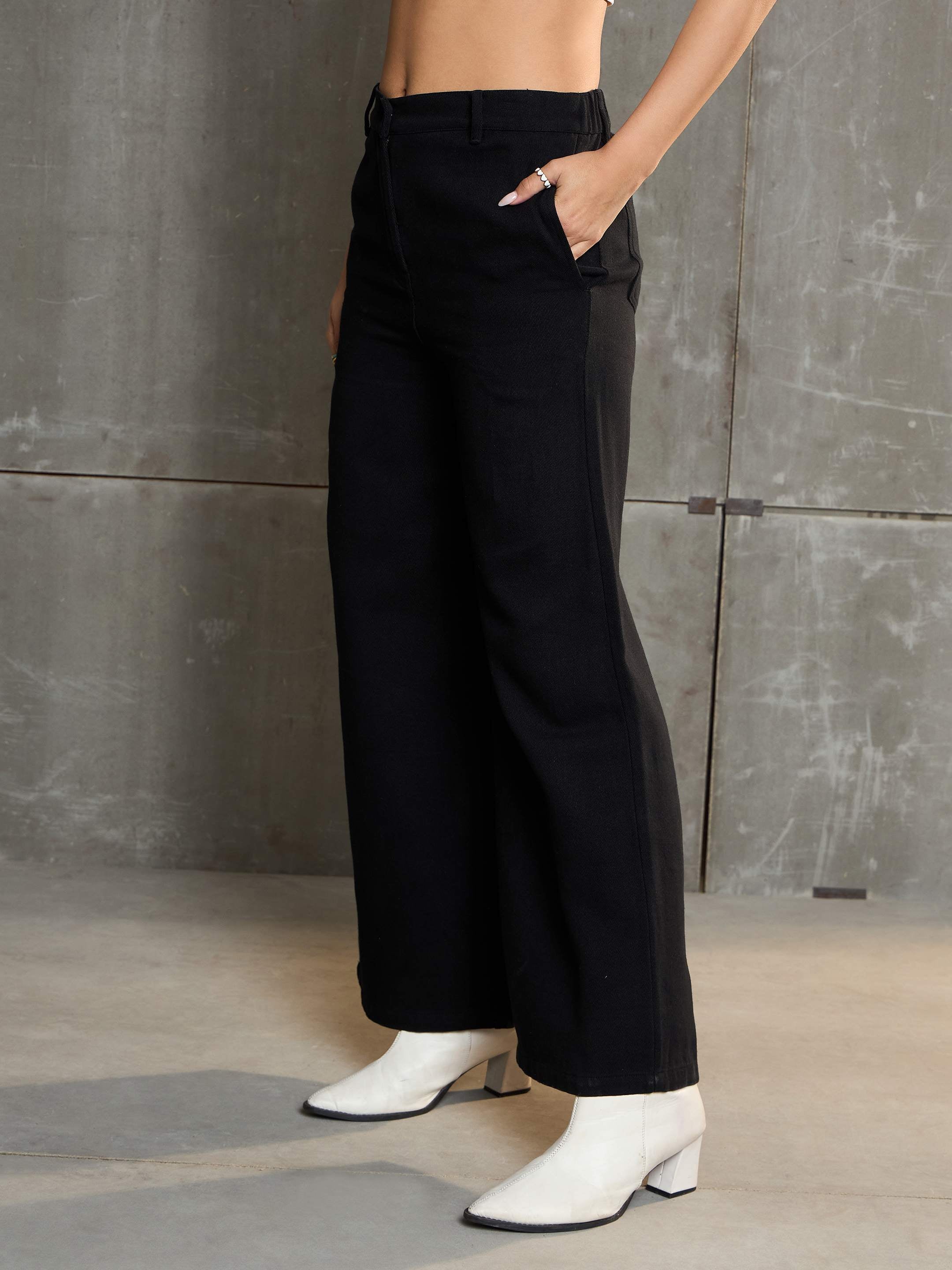 Women's Black Denim Flared Pants-SASSAFRAS