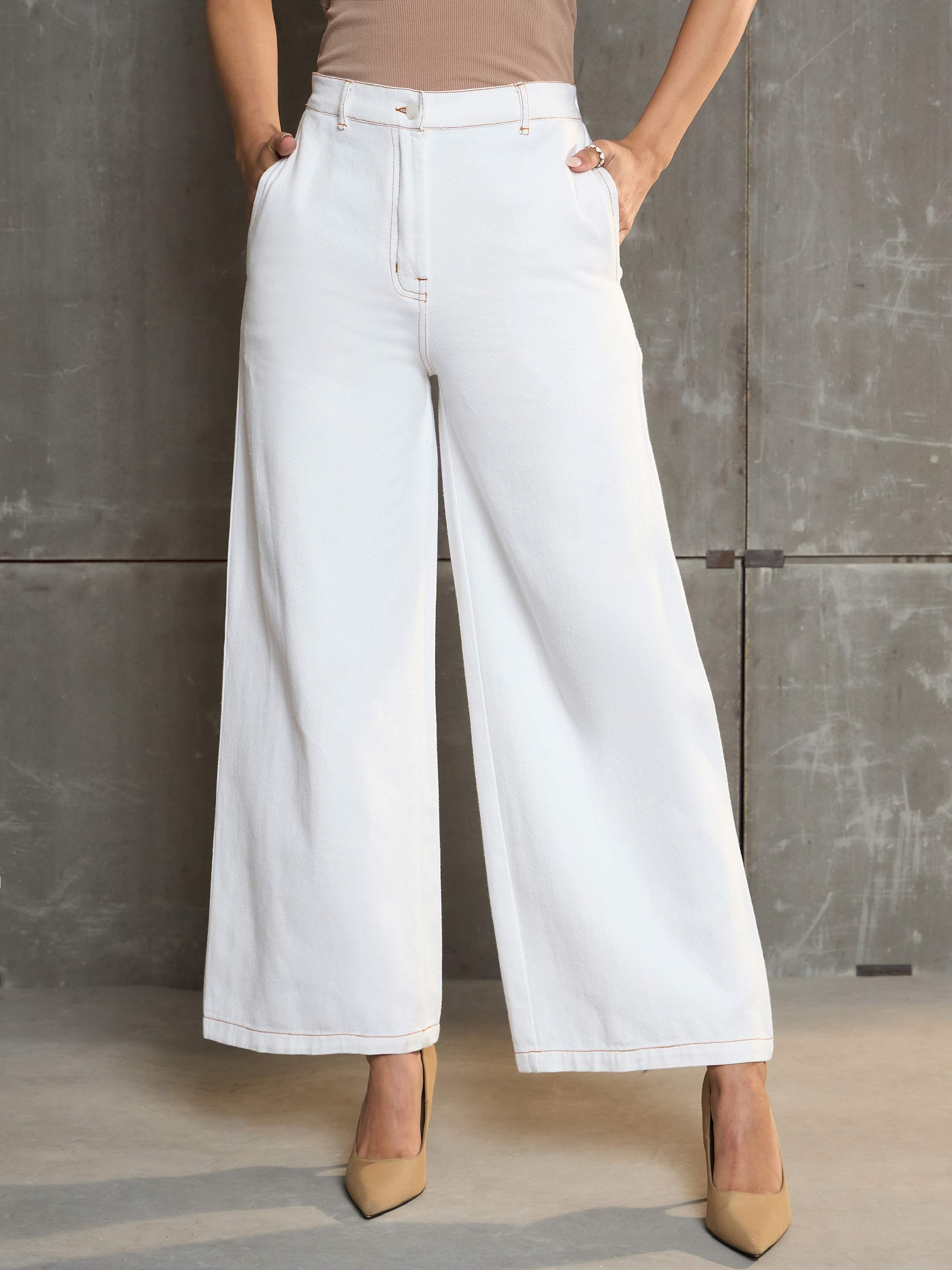 Women's White Denim Flared Pants-SASSAFRAS