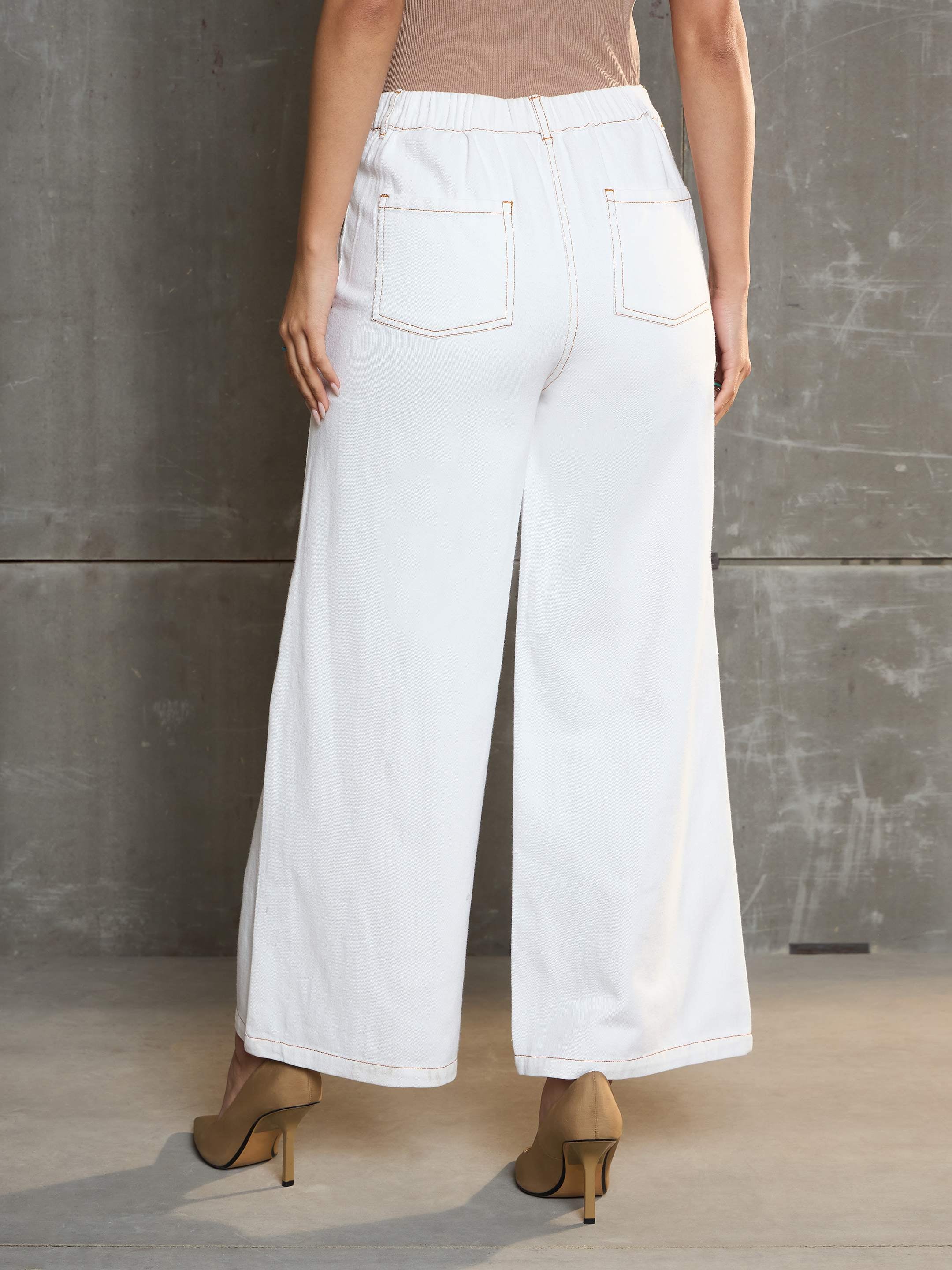 Women's White Denim Flared Pants-SASSAFRAS