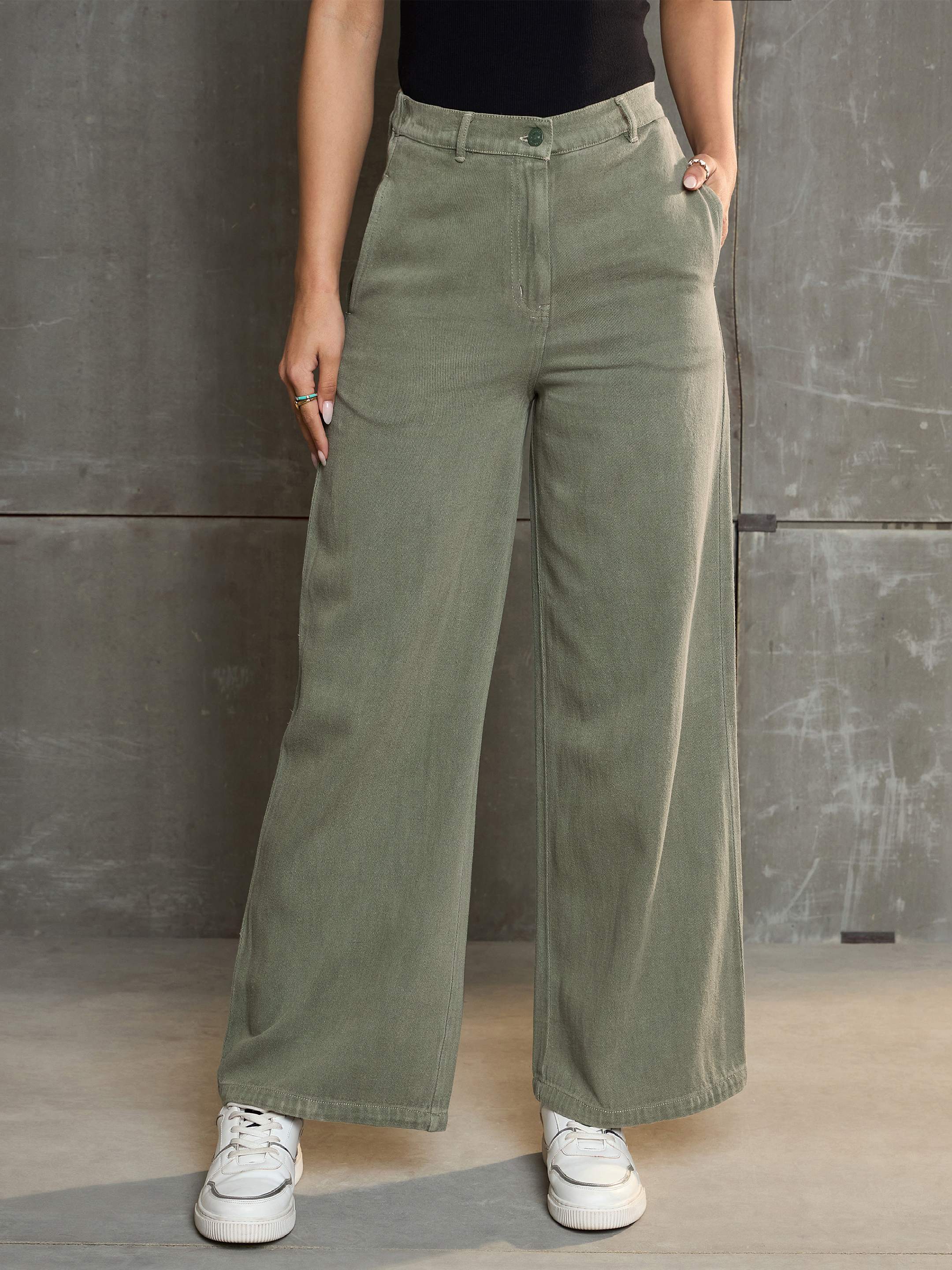 Women's Olive Denim Flared Pants-SASSAFRAS