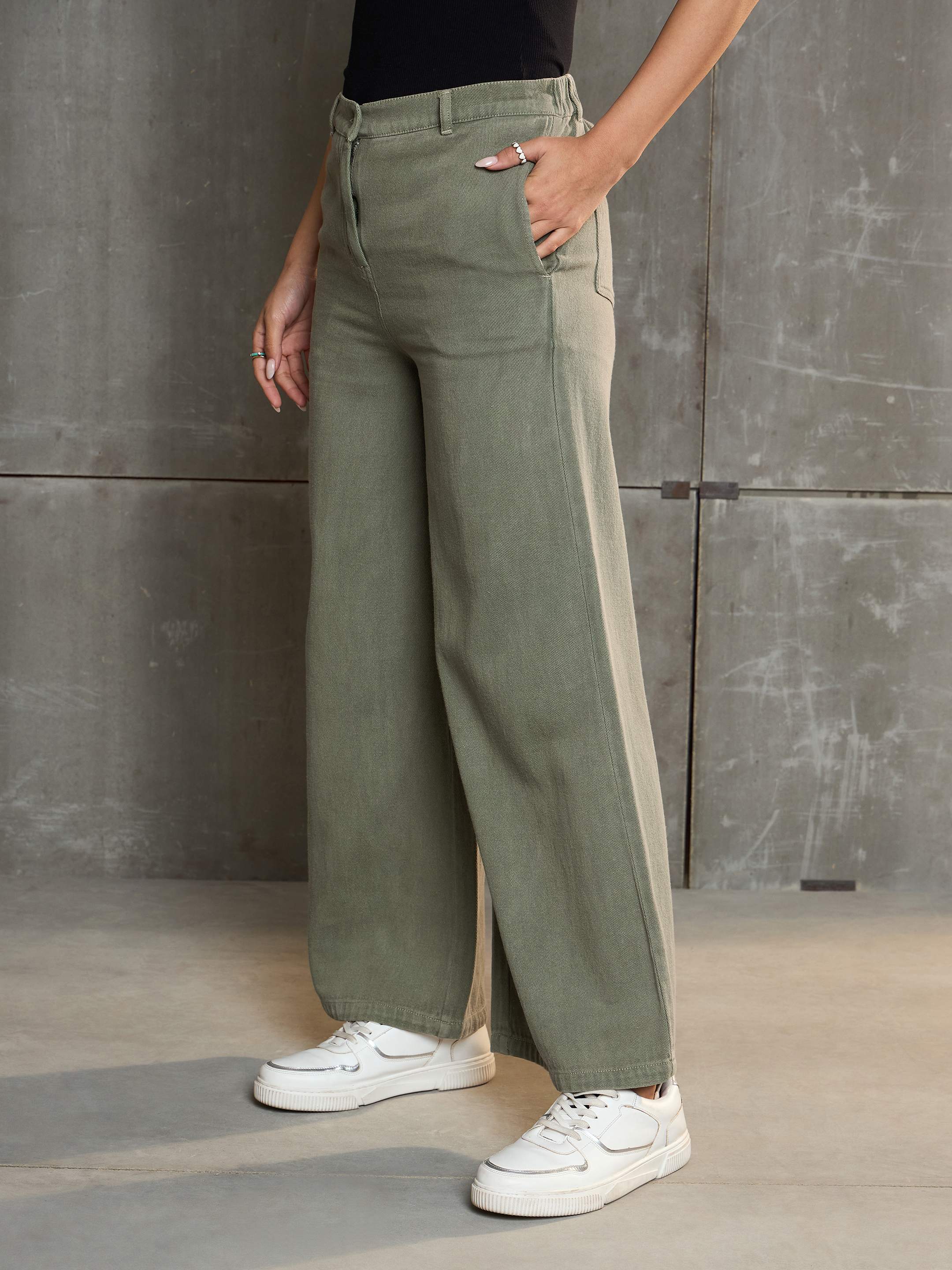 Women's Olive Denim Flared Pants-SASSAFRAS