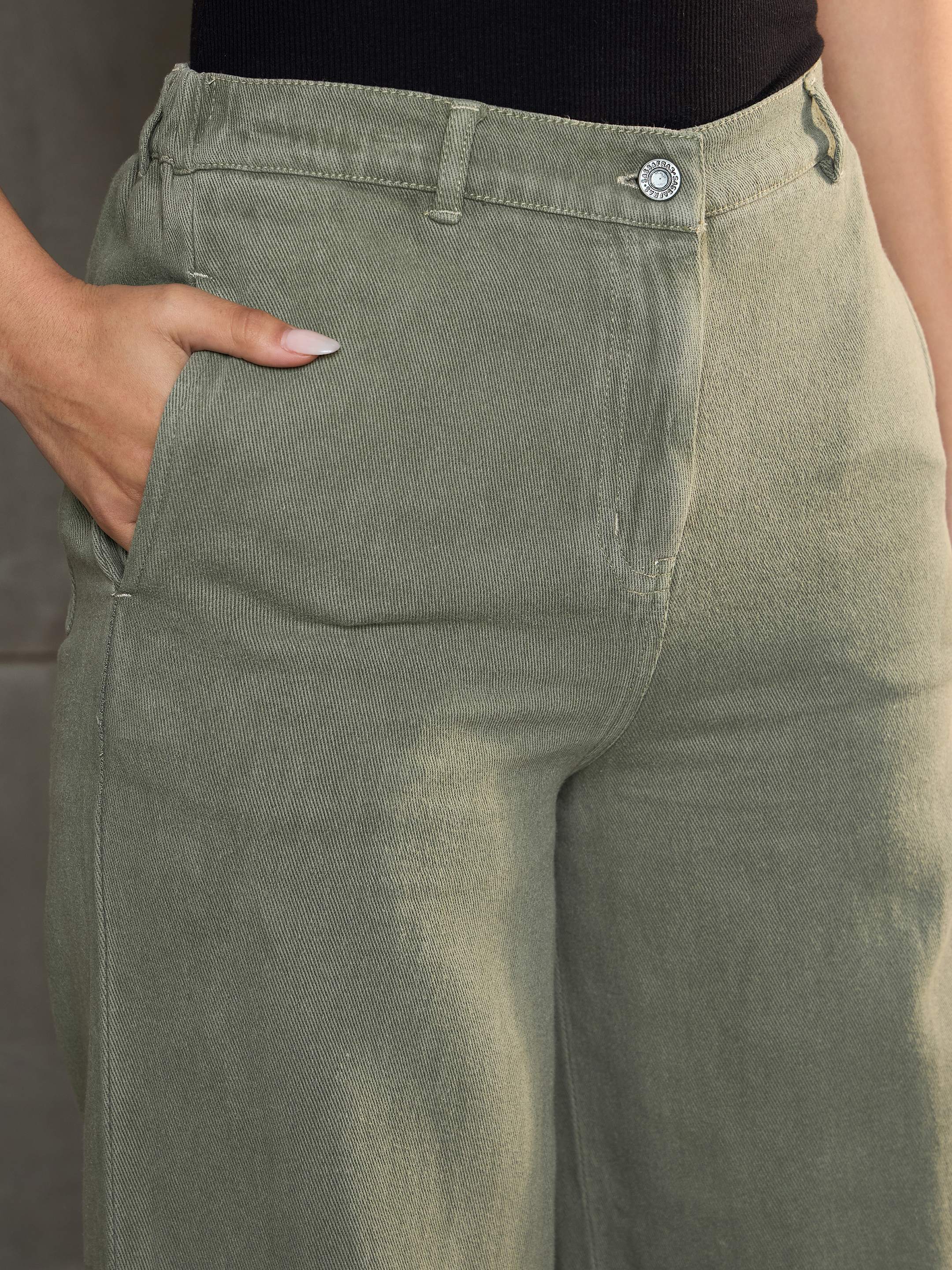 Women's Olive Denim Flared Pants-SASSAFRAS