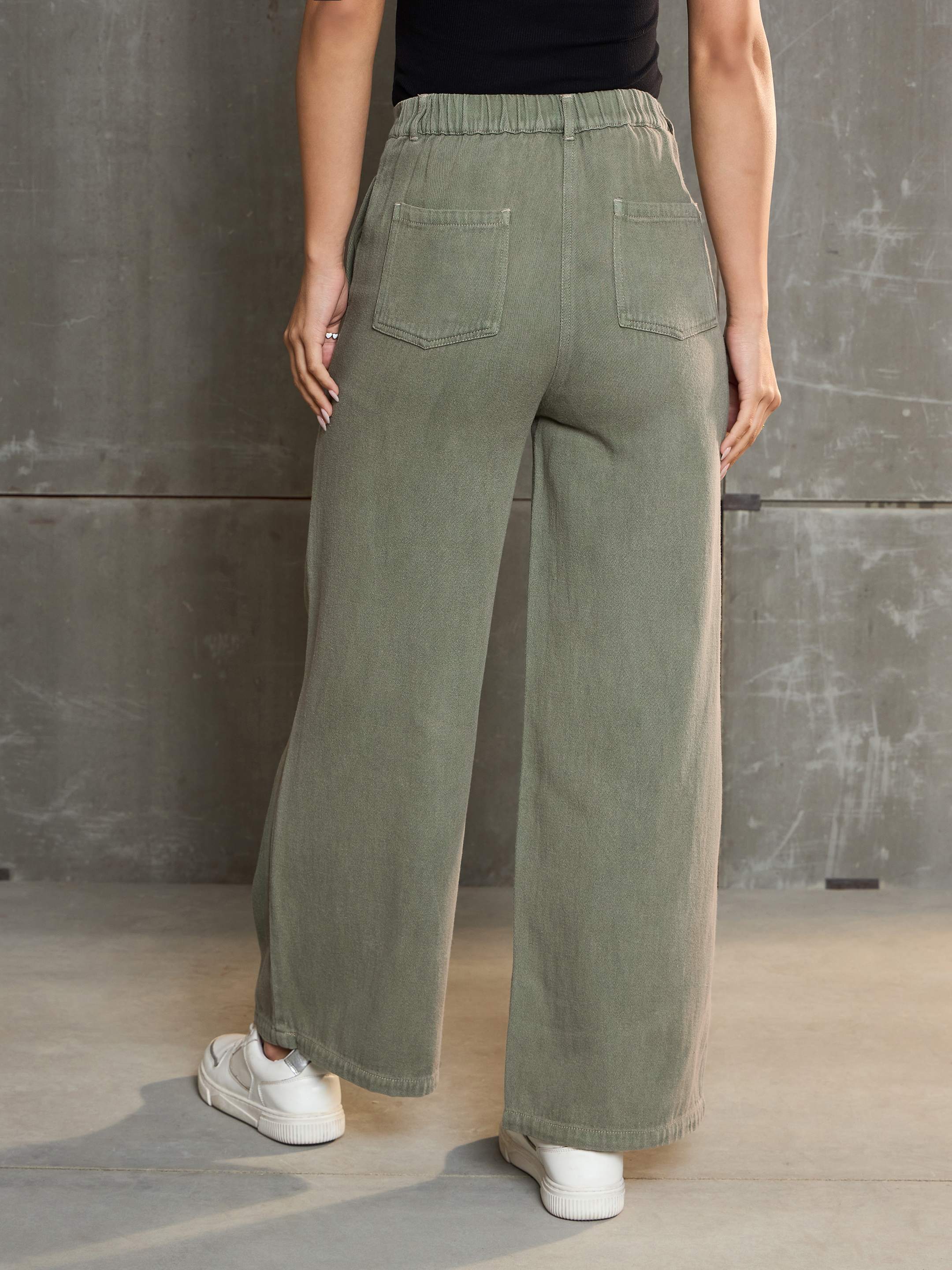 Women's Olive Denim Flared Pants-SASSAFRAS