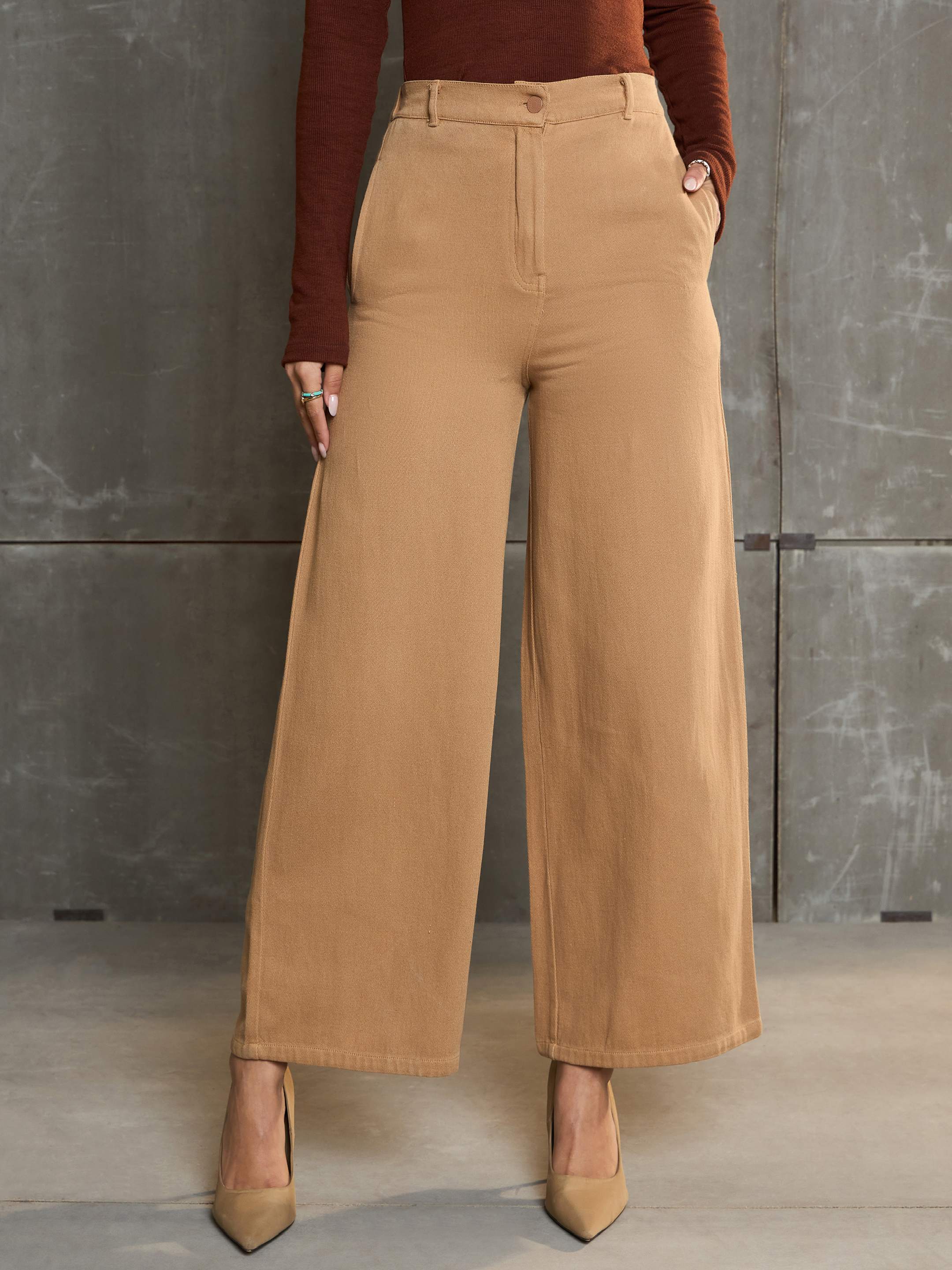 Women's Brown Denim Flared Pants-SASSAFRAS