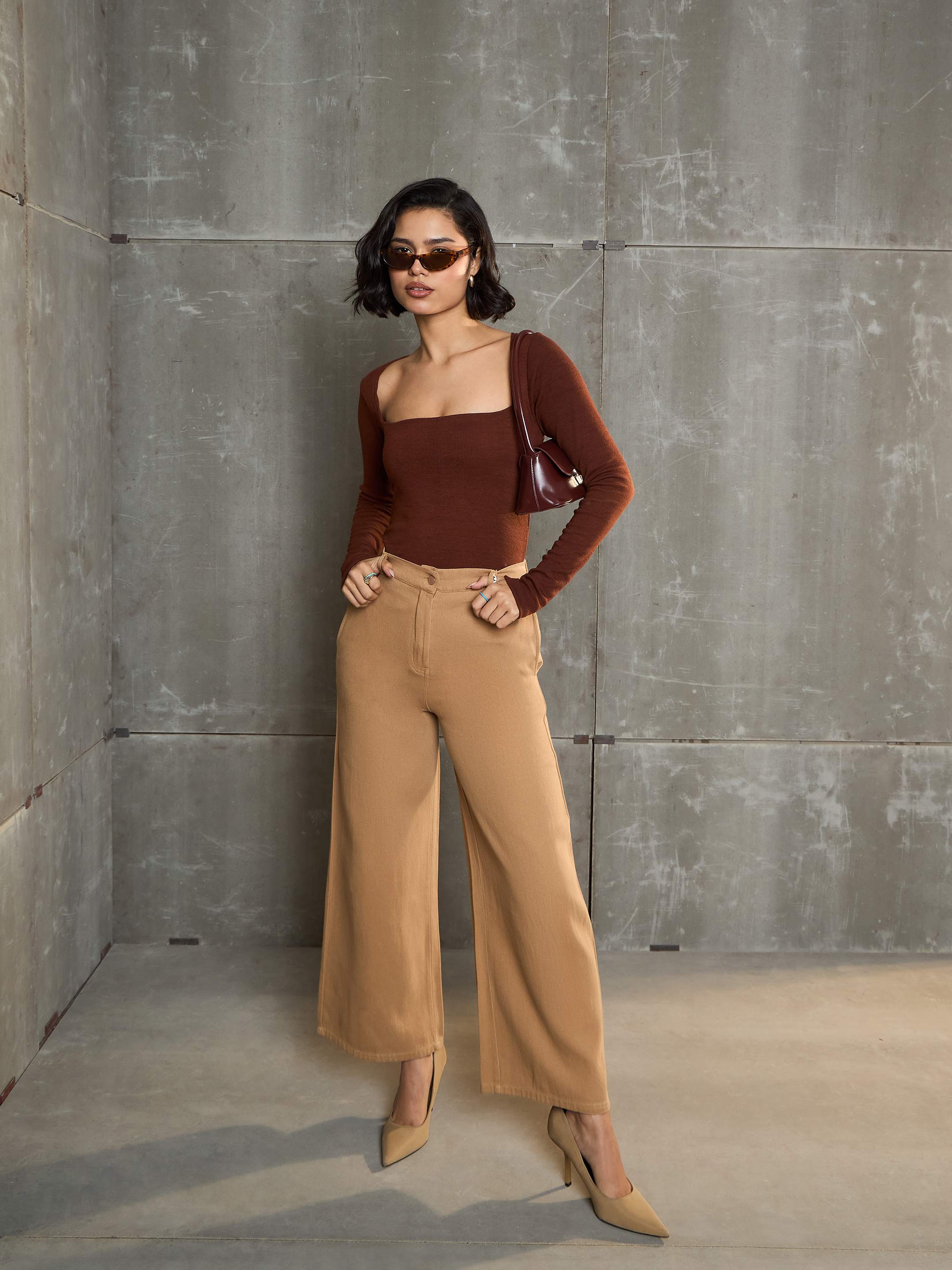 Women's Brown Denim Flared Pants-SASSAFRAS