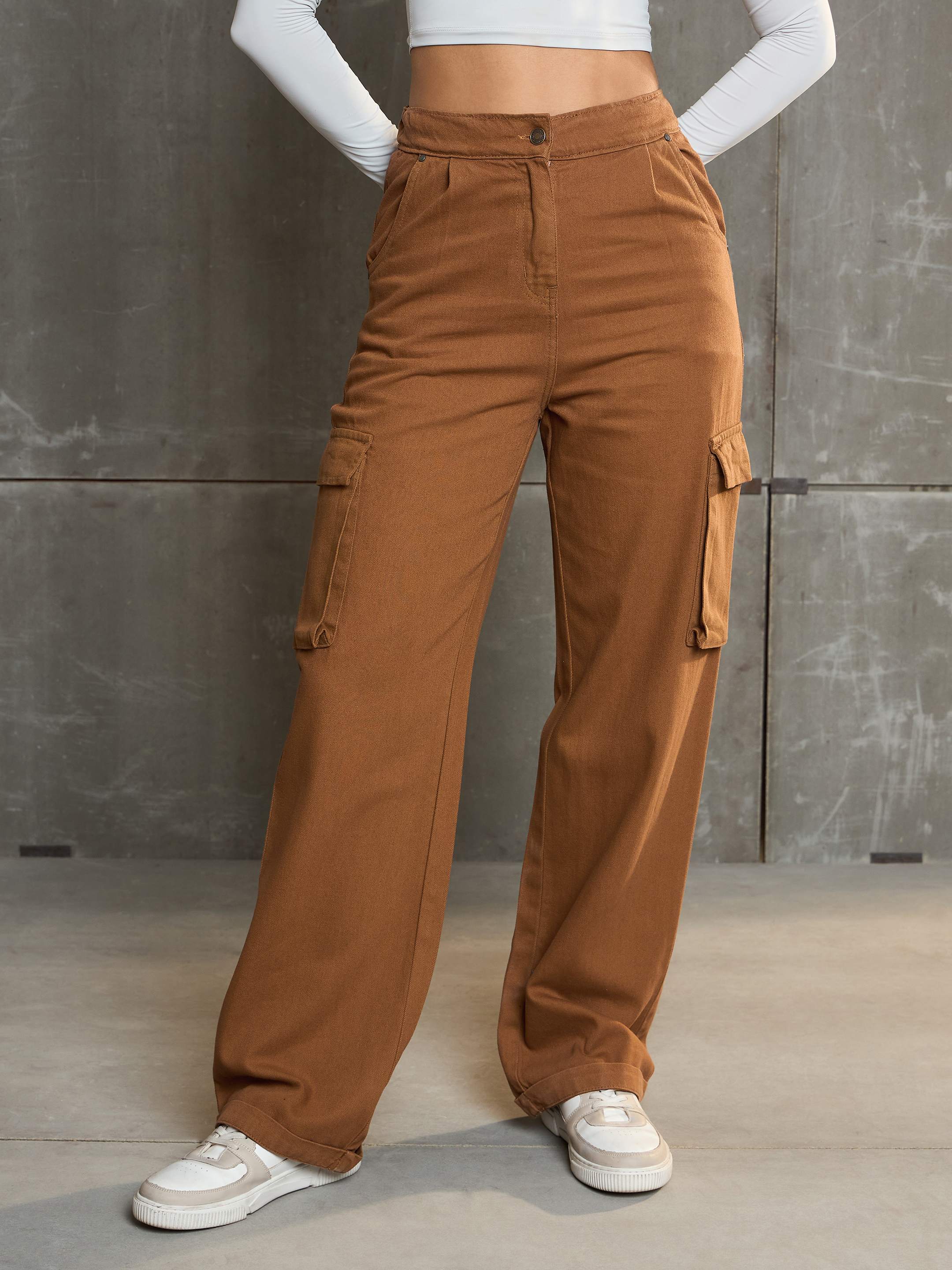 Women's Tan Box Pockets Straight Cargo Pants-SASSAFRAS