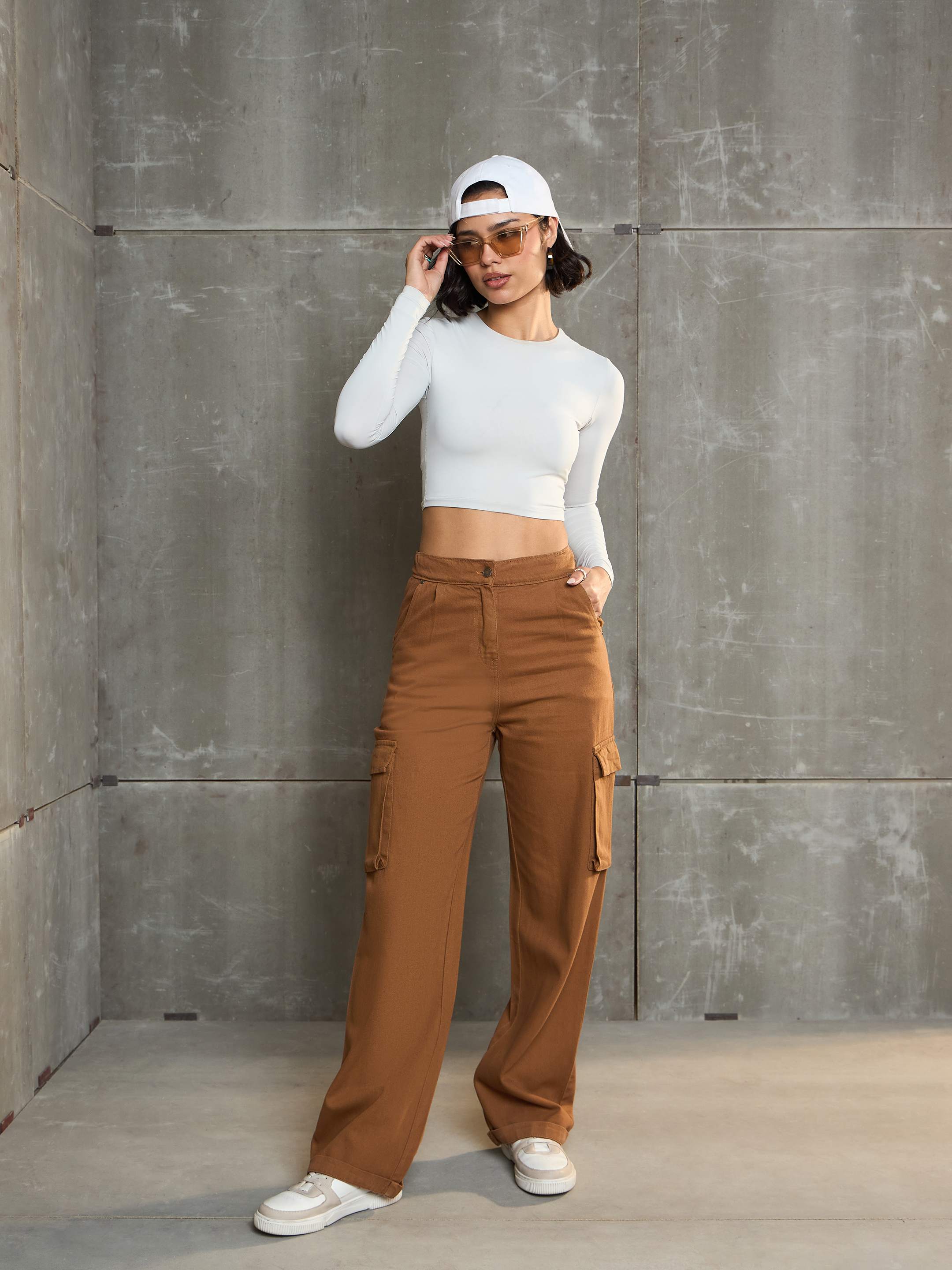 Women's Tan Box Pockets Straight Cargo Pants-SASSAFRAS