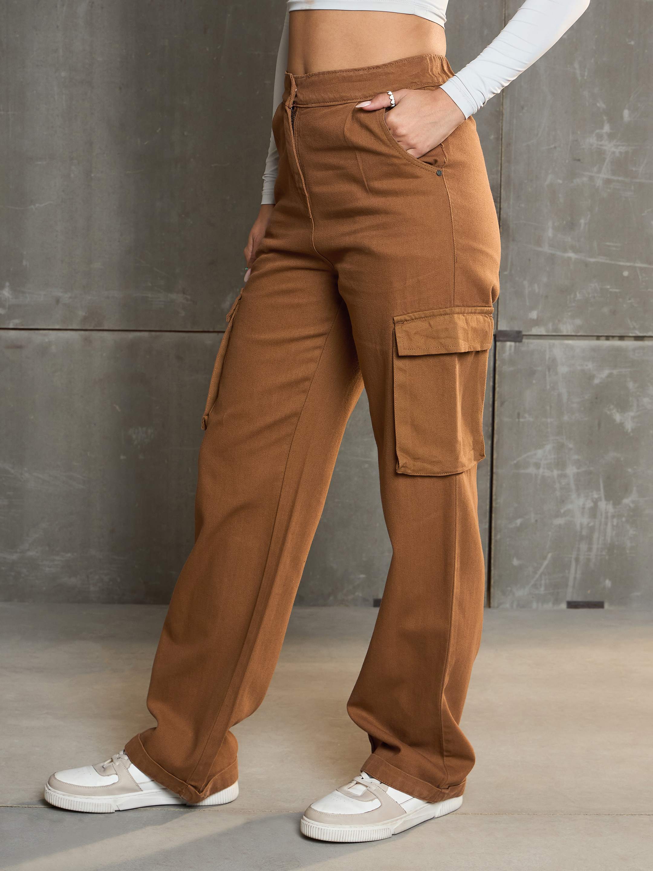 Women's Tan Box Pockets Straight Cargo Pants-SASSAFRAS