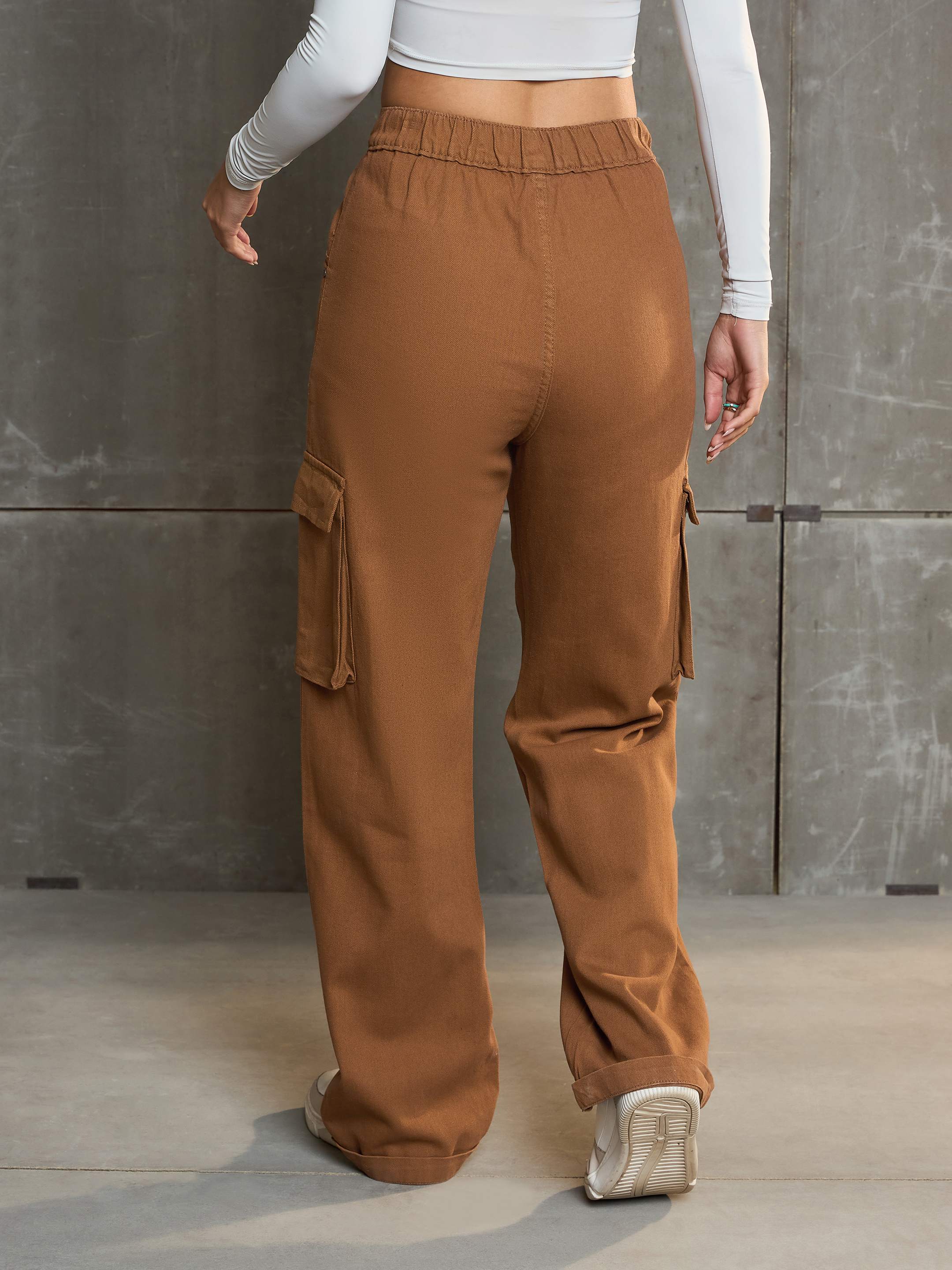 Women's Tan Box Pockets Straight Cargo Pants-SASSAFRAS