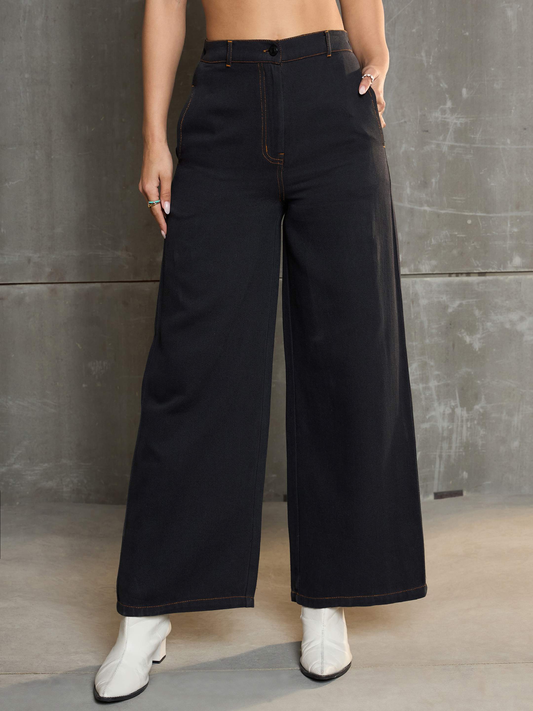 Women's Charcoal Denim Flared Pants-SASSAFRAS