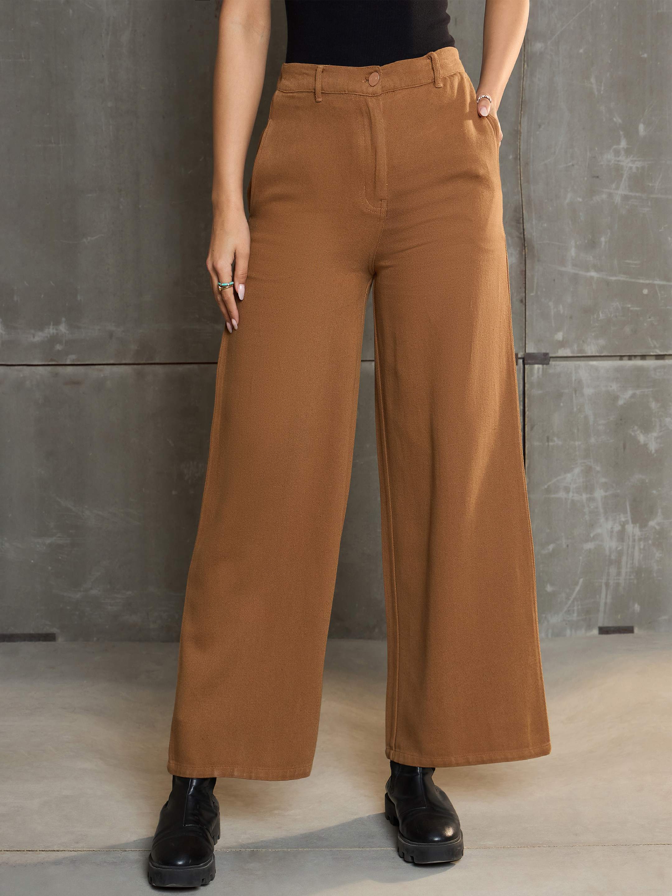 Women's Dark Brown Denim Flared Pants-SASSAFRAS