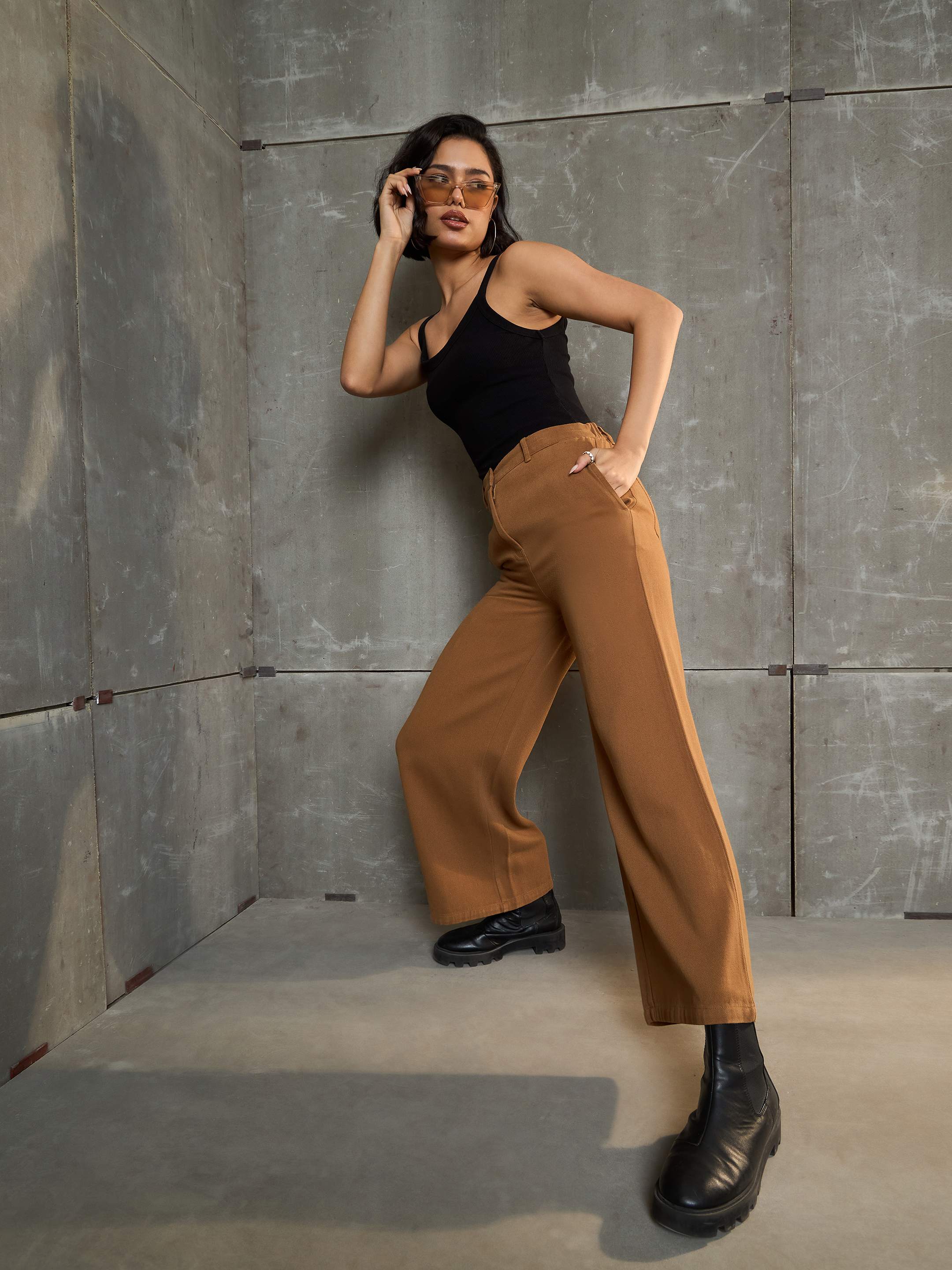 Women's Dark Brown Denim Flared Pants-SASSAFRAS