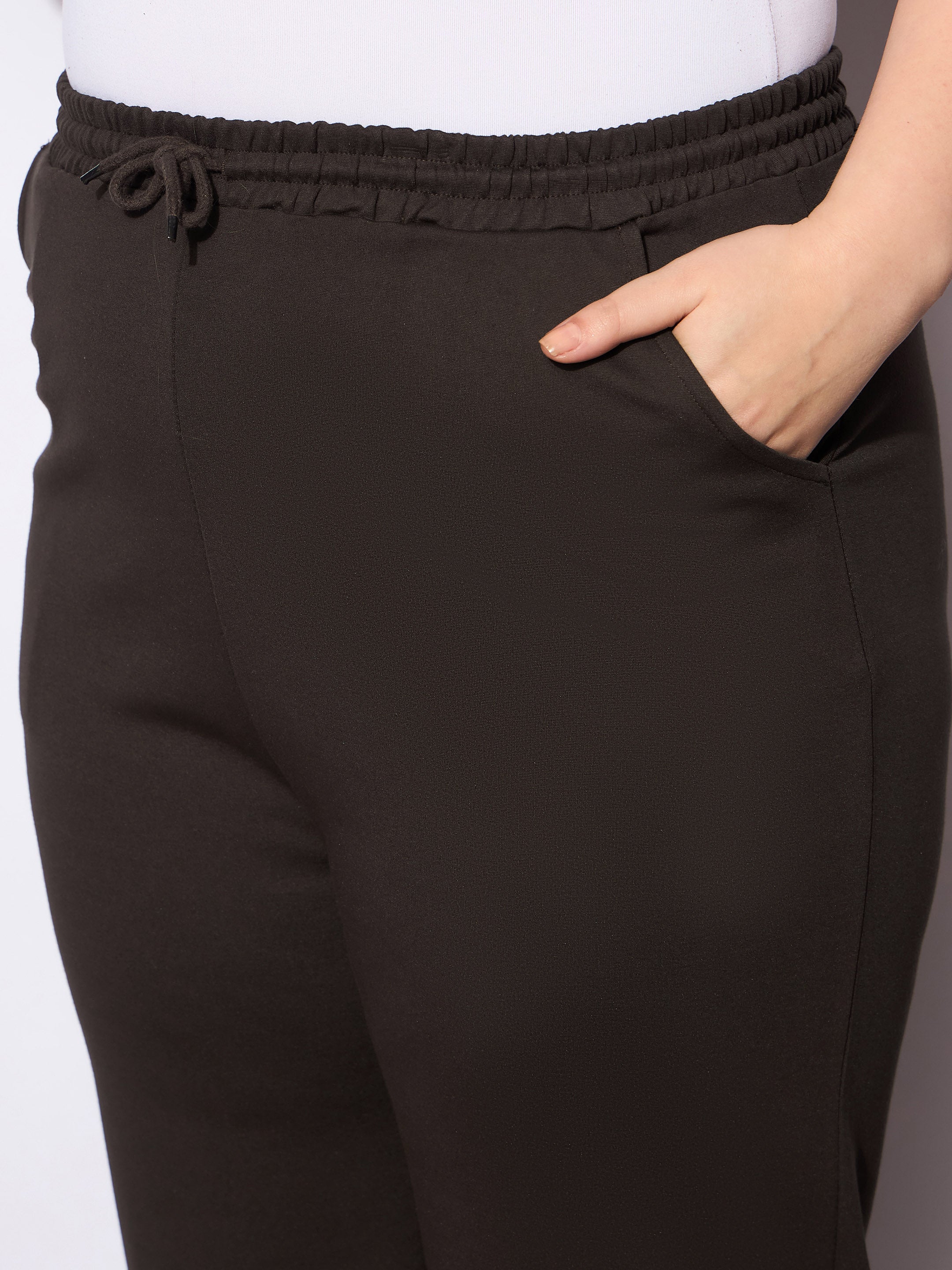 Women's Dark Brown Roma Elasticated Straight Pants-SASSAFRAS