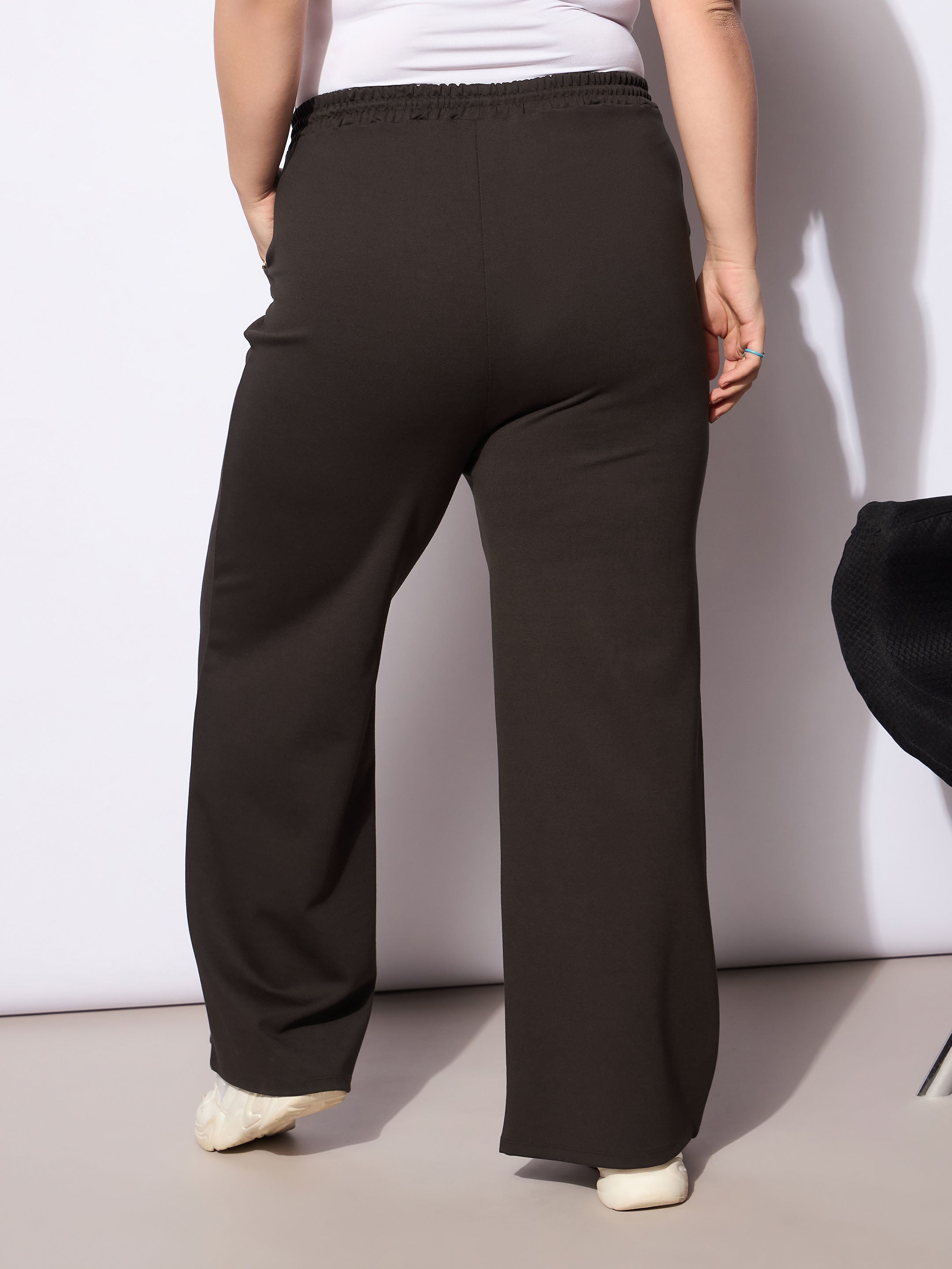 Women's Dark Brown Roma Elasticated Straight Pants-SASSAFRAS