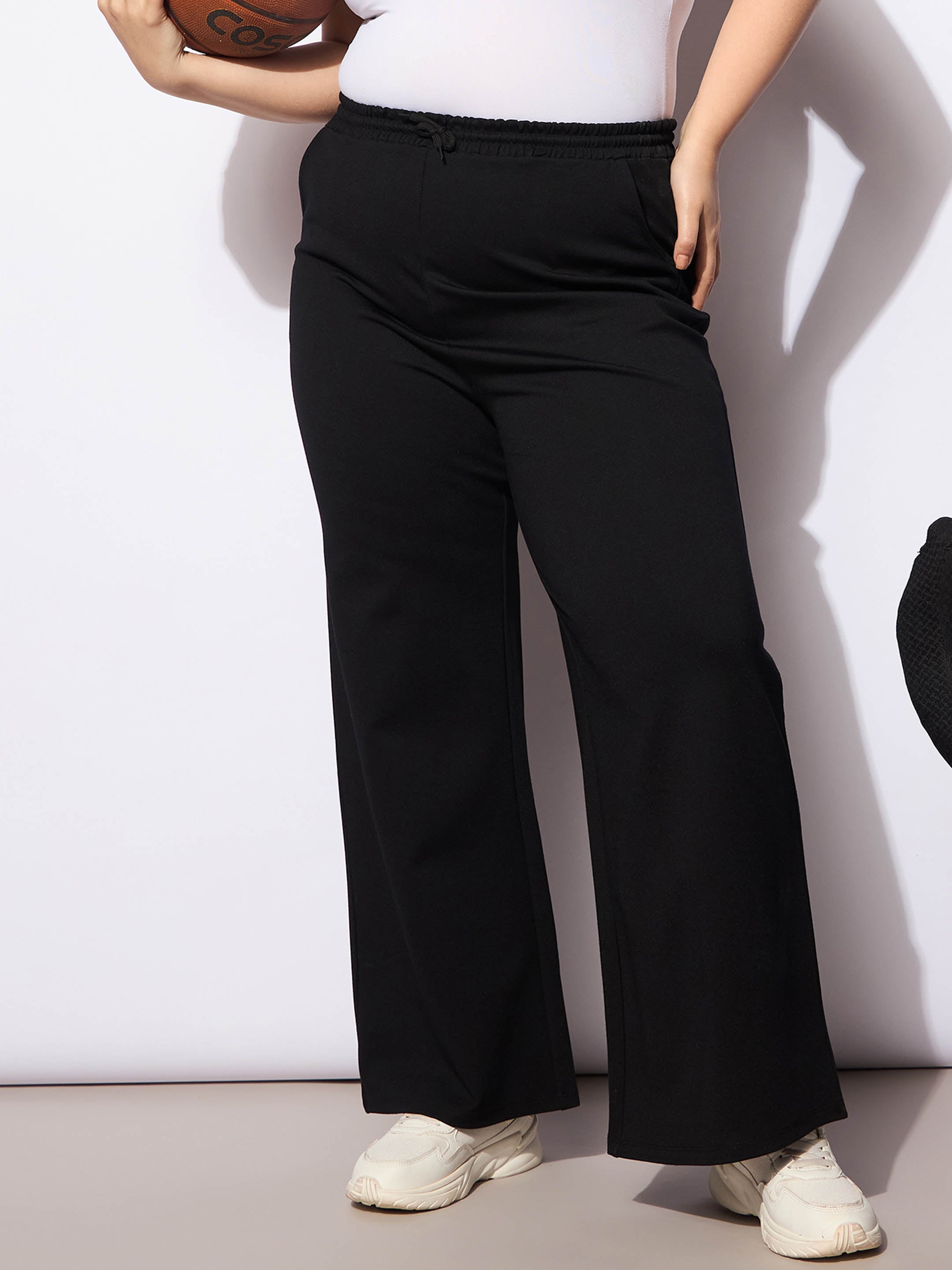 Women's Black Roma Elasticated Straight Pants-SASSAFRAS