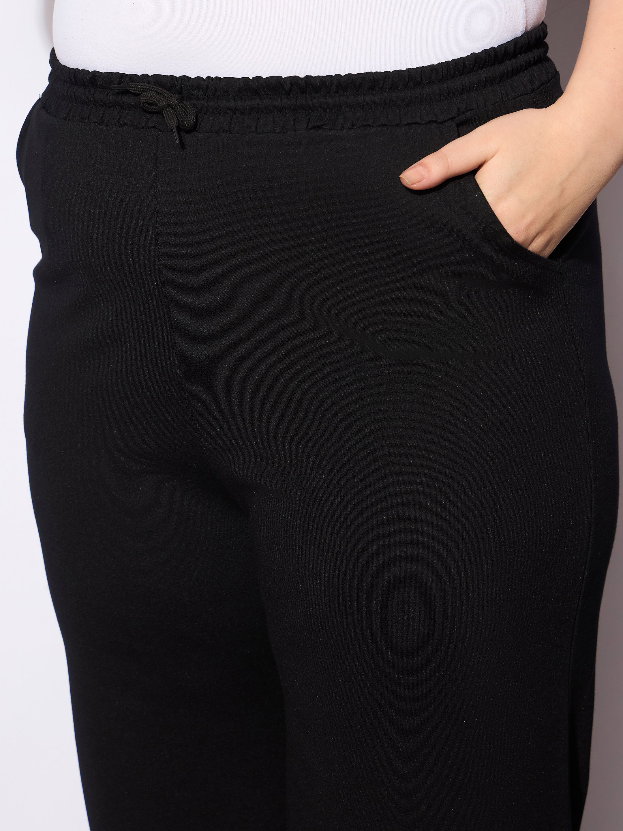 Women's Black Roma Elasticated Straight Pants-SASSAFRAS