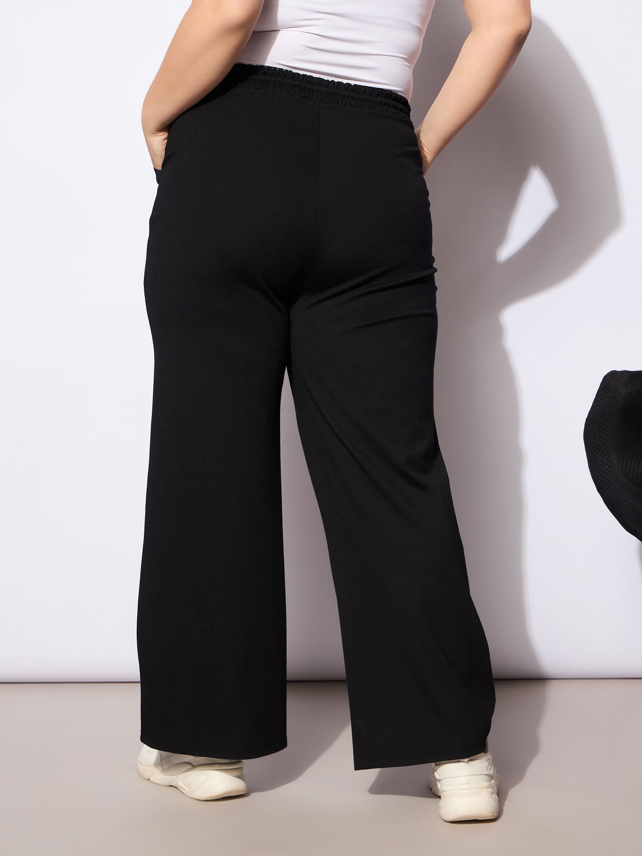 Women's Black Roma Elasticated Straight Pants-SASSAFRAS