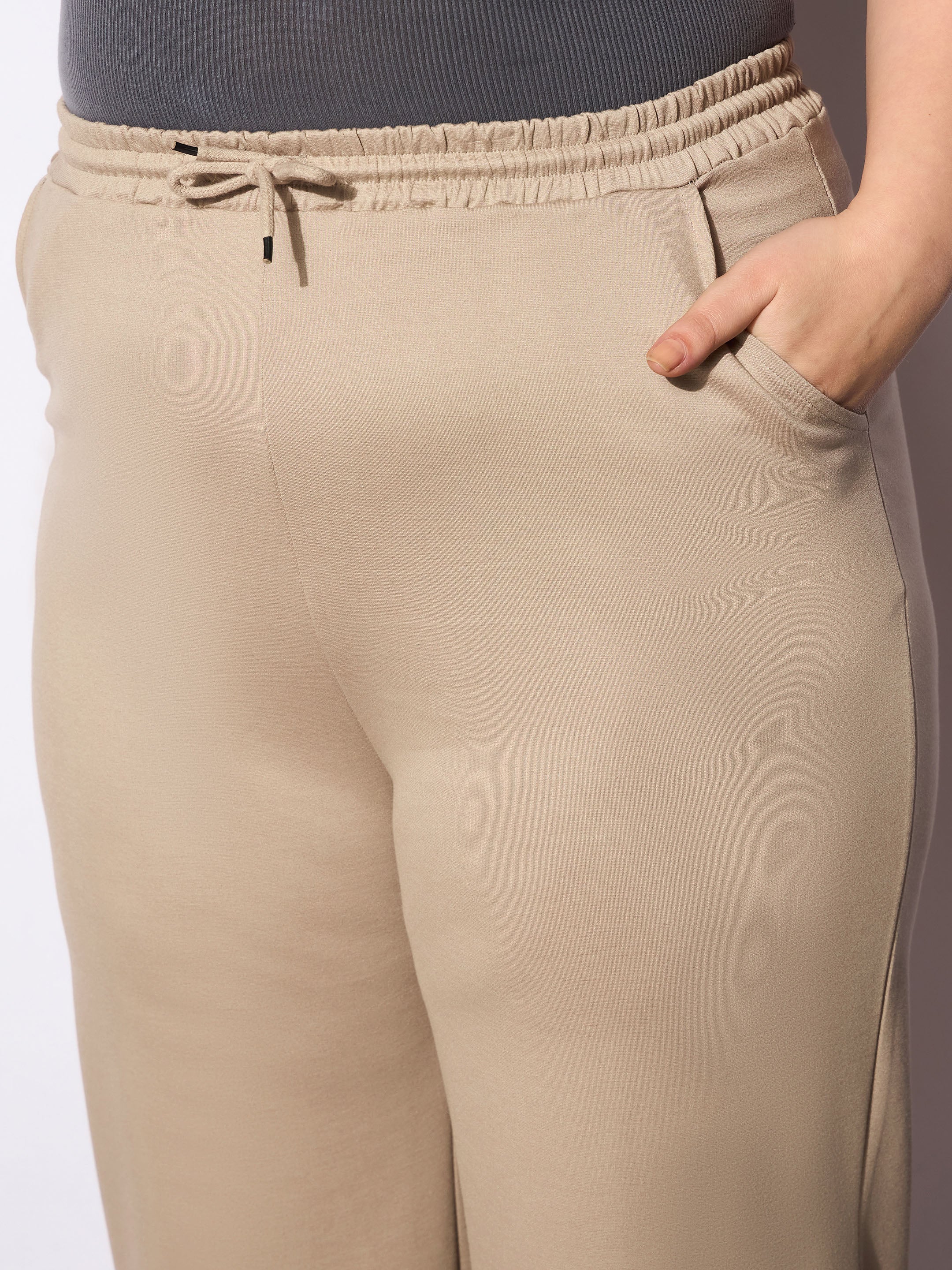 Women's Light Beige Roma Elasticated Straight Pants-SASSAFRAS