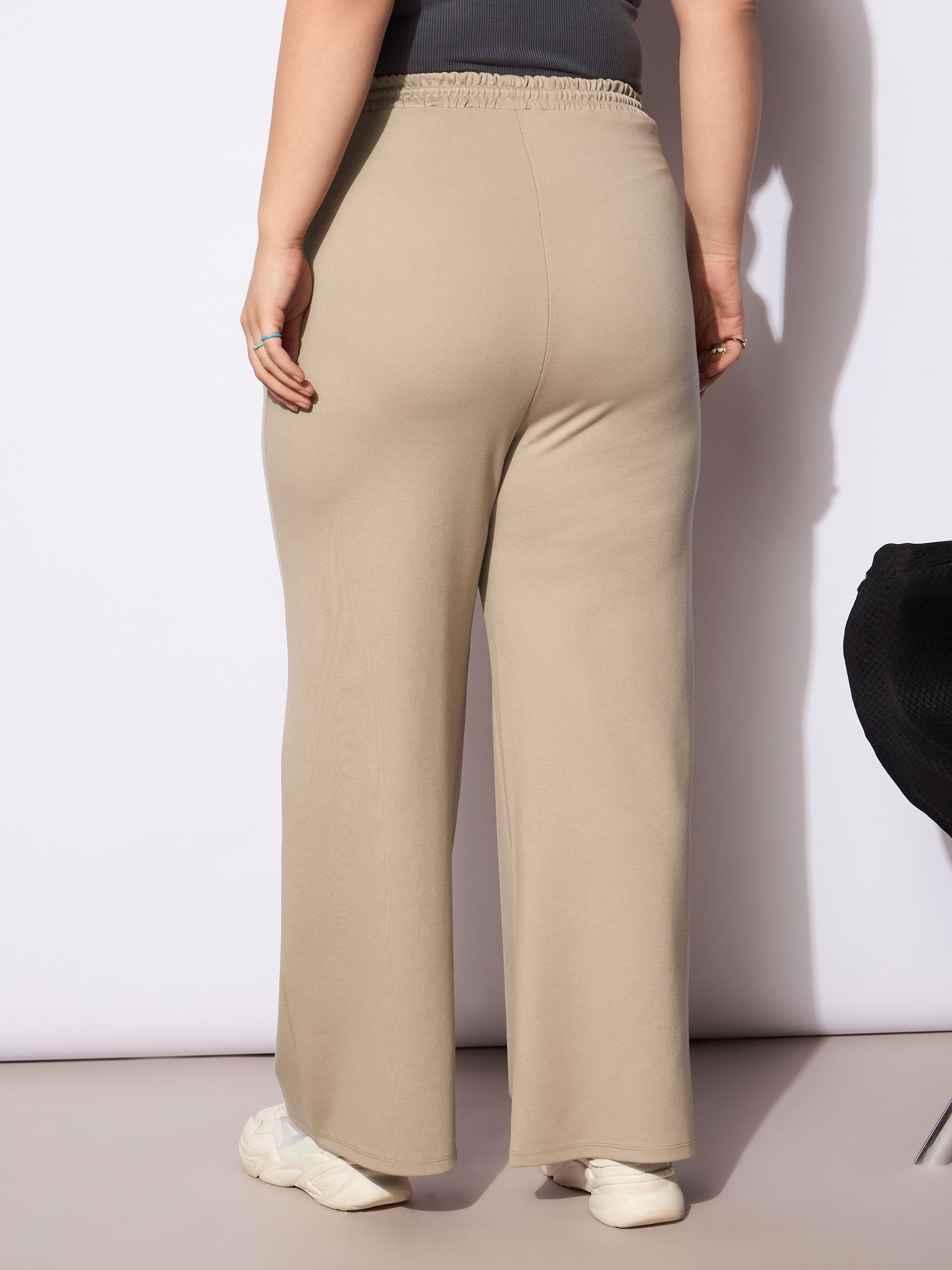 Women's Light Beige Roma Elasticated Straight Pants-SASSAFRAS