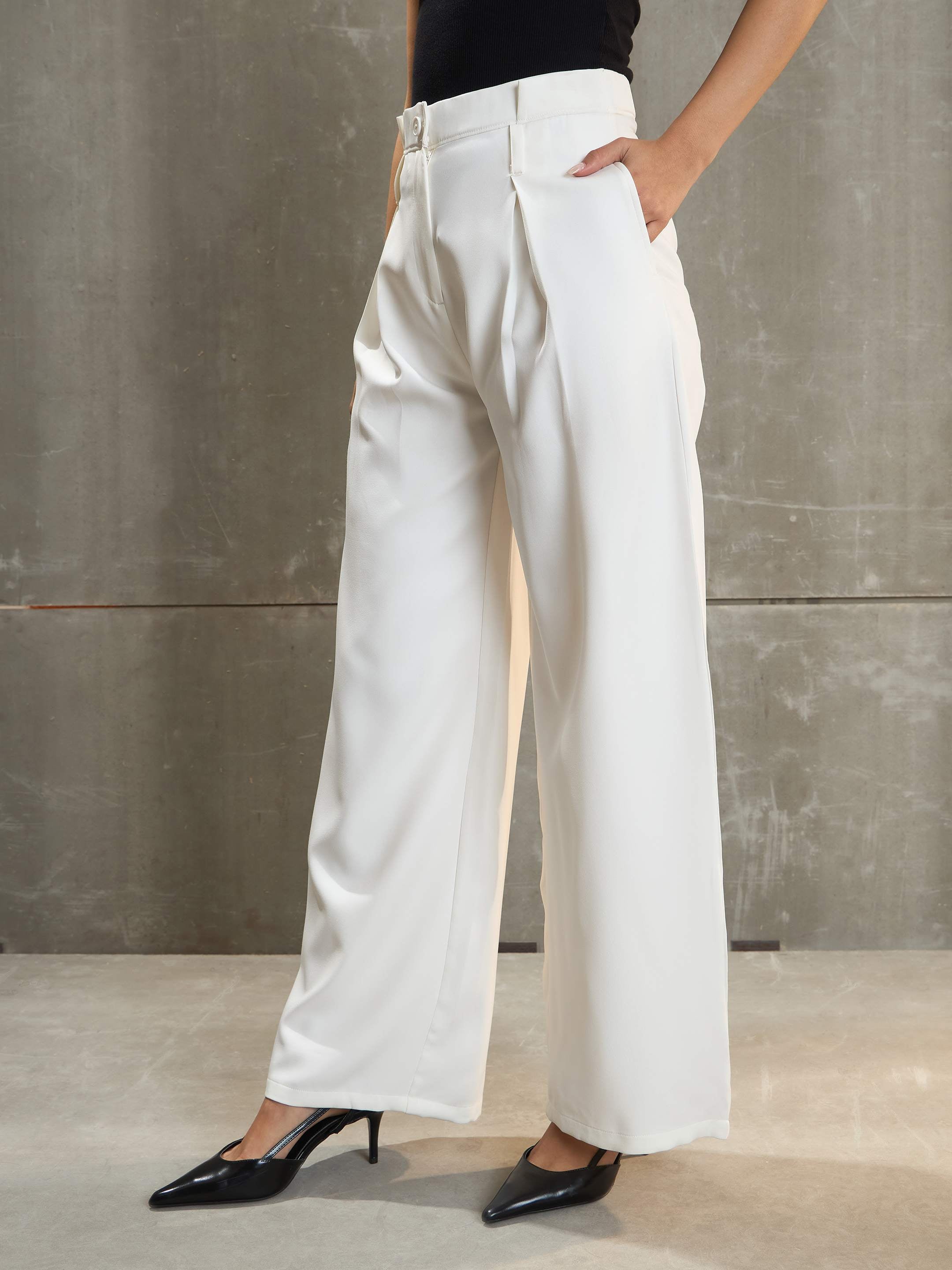 Women's White Front Pleated High Rise Pants-SASSAFRAS